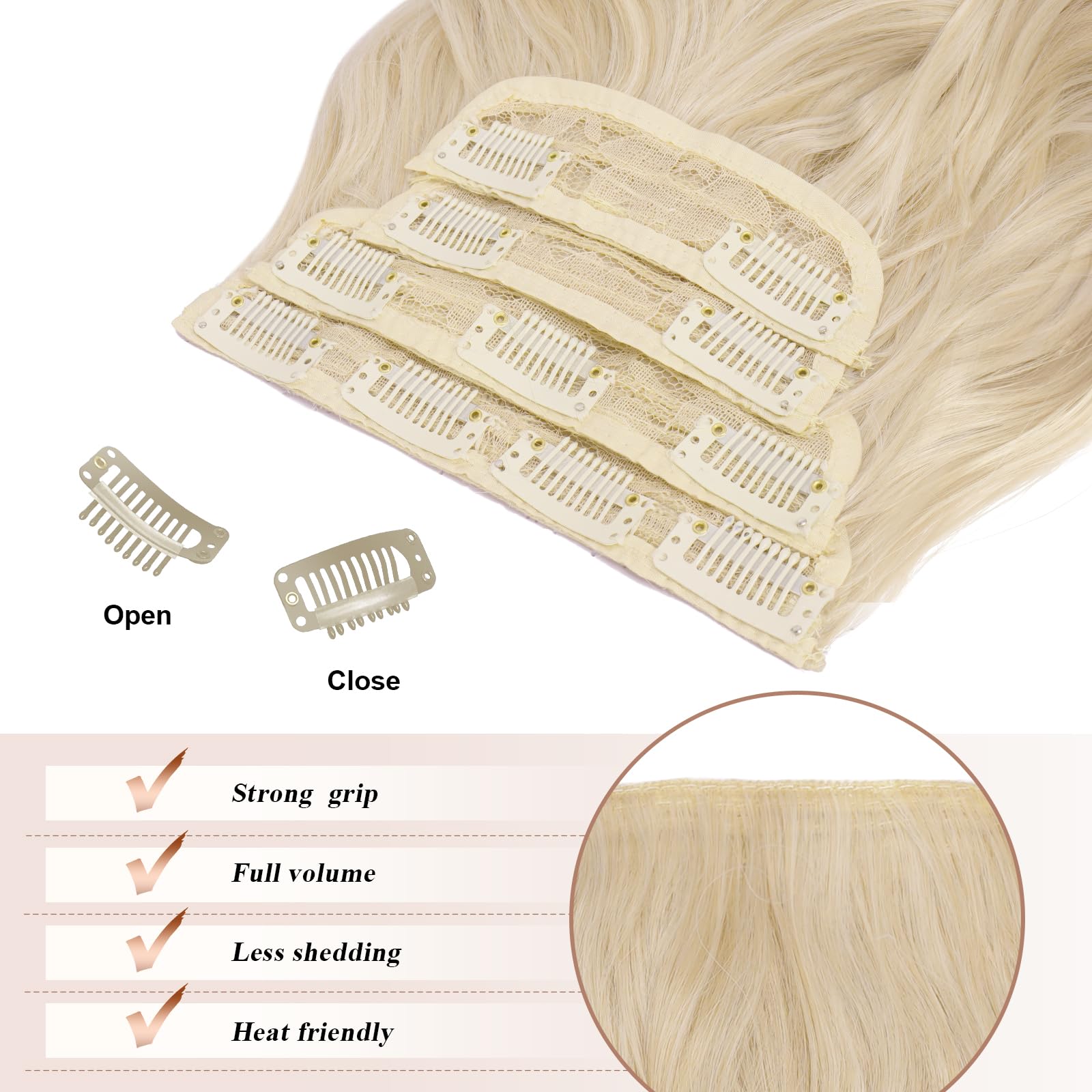 FESHFEN Clip in Hair Extensions 4 PCS Platinum Blonde Thick Highlighted Hairpieces Long Wavy Clip in Hair Piece Full Head Synthe