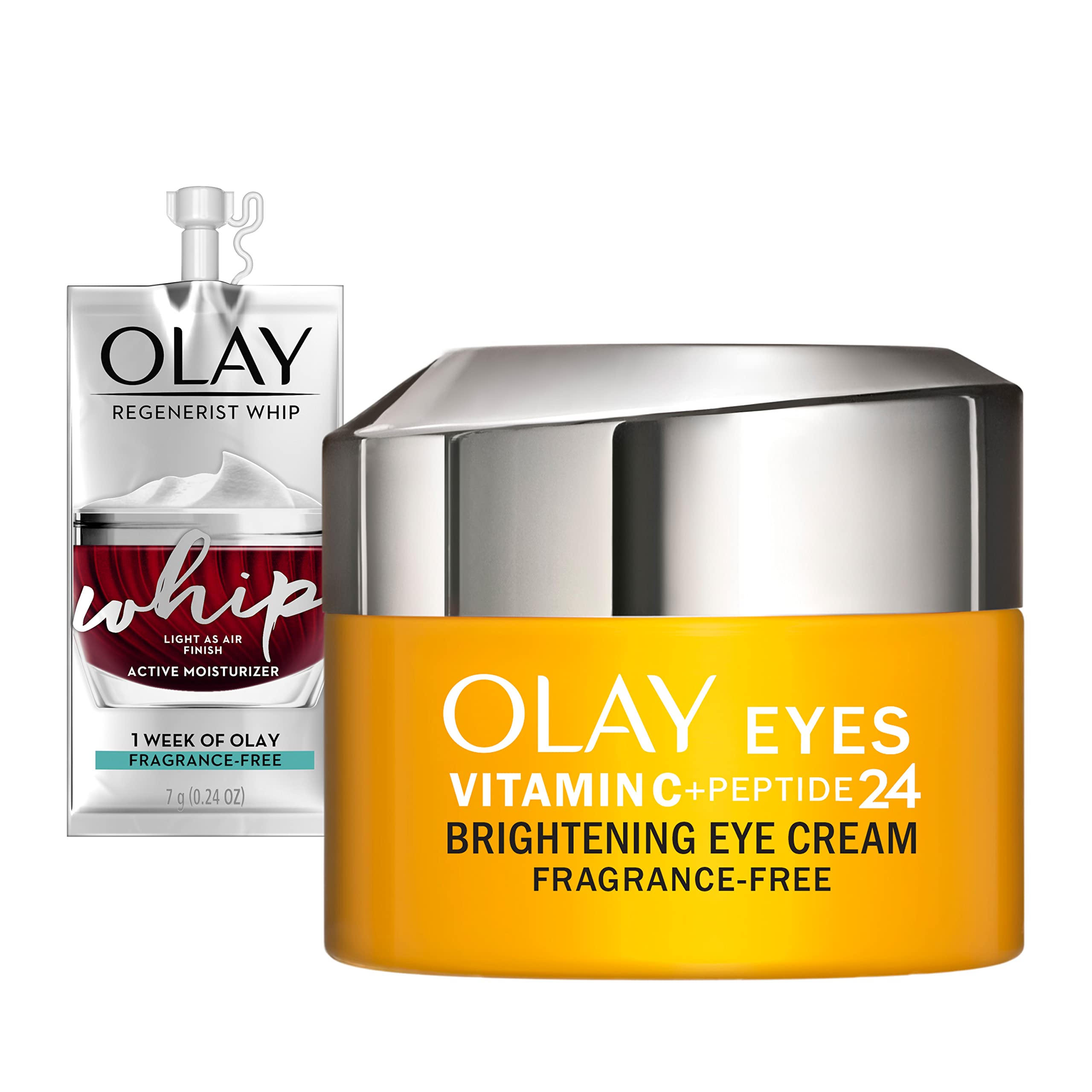 Olay Vitamin C + Peptide 24 Eye Cream, Fragrance-Free, 0.5 Oz + Whip Face Moisturizer Travel/Trial Size Gift Set
