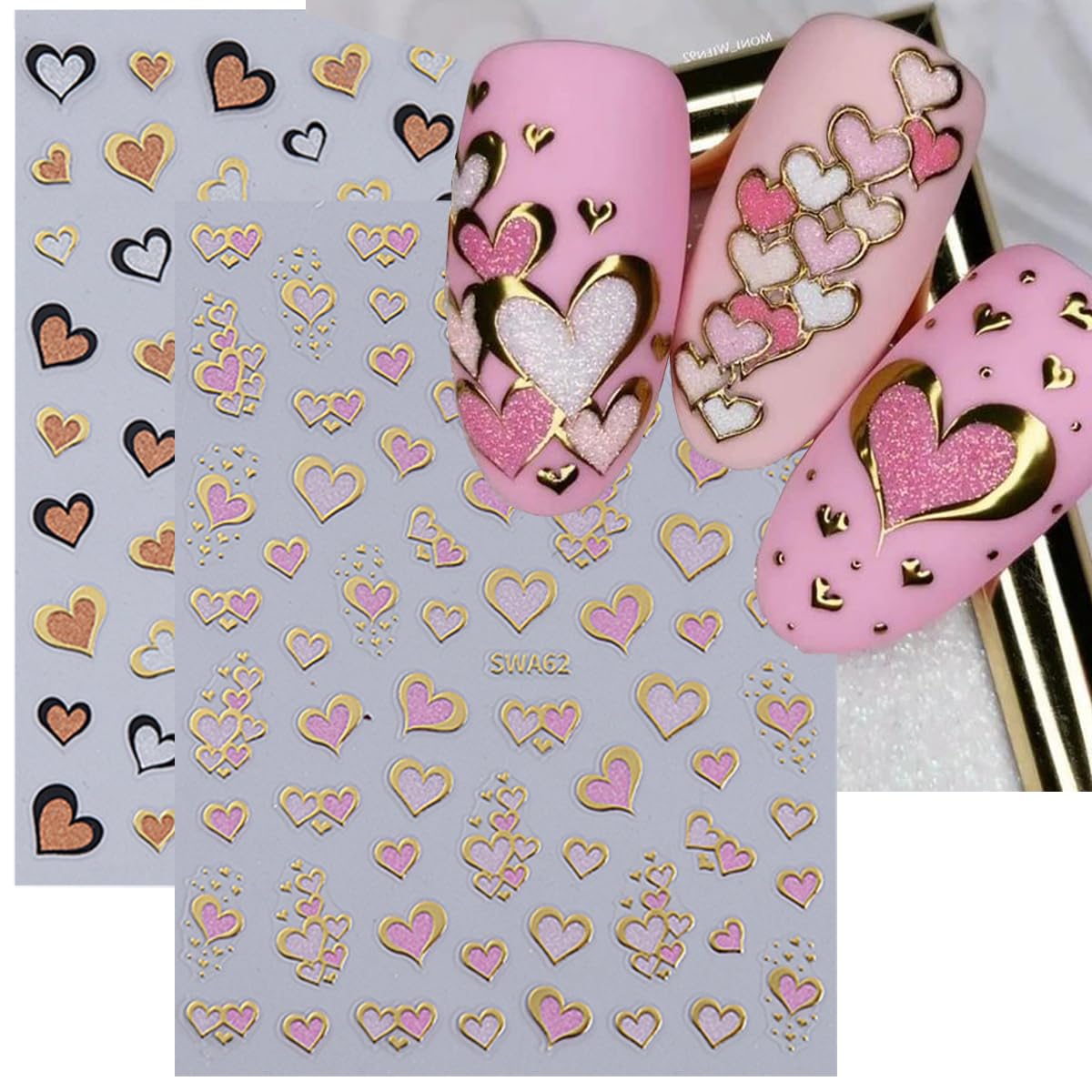 Valentine's Day Nail Art Stickers Decals Love Heart Nail Stickers 6PCS Golden Edge Love Heart Pattern Design 3D Self-Adhesive Na