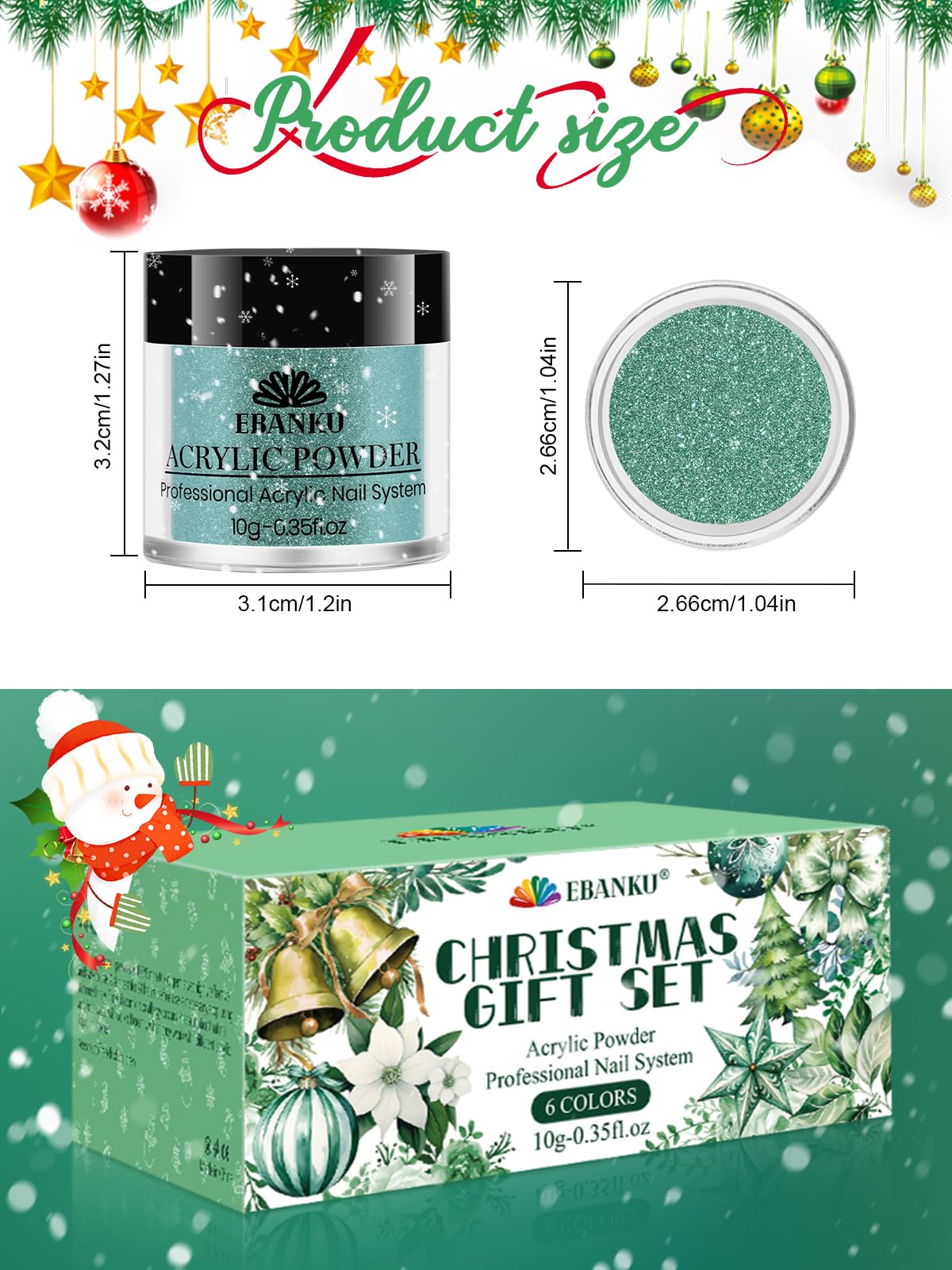 Ebanku 6 Colors Acrylic Powder, Green Acrylic Nail Powder Gold White Light Green Glitter Acrylic Powder For Nail Extension Frenc