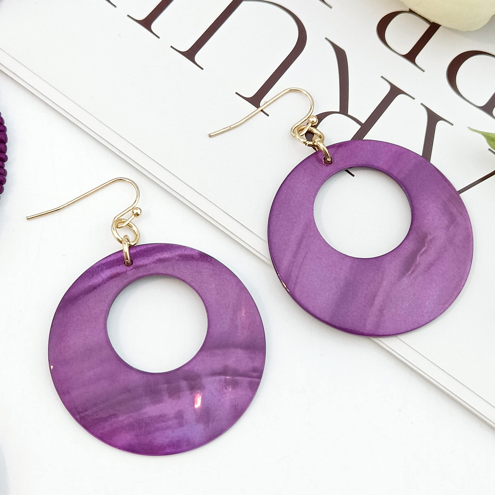 Coiris Multi Strand Statement Colorful Beaded Necklace with Big Circle Shell Pendant for Women (N0055-Purple)