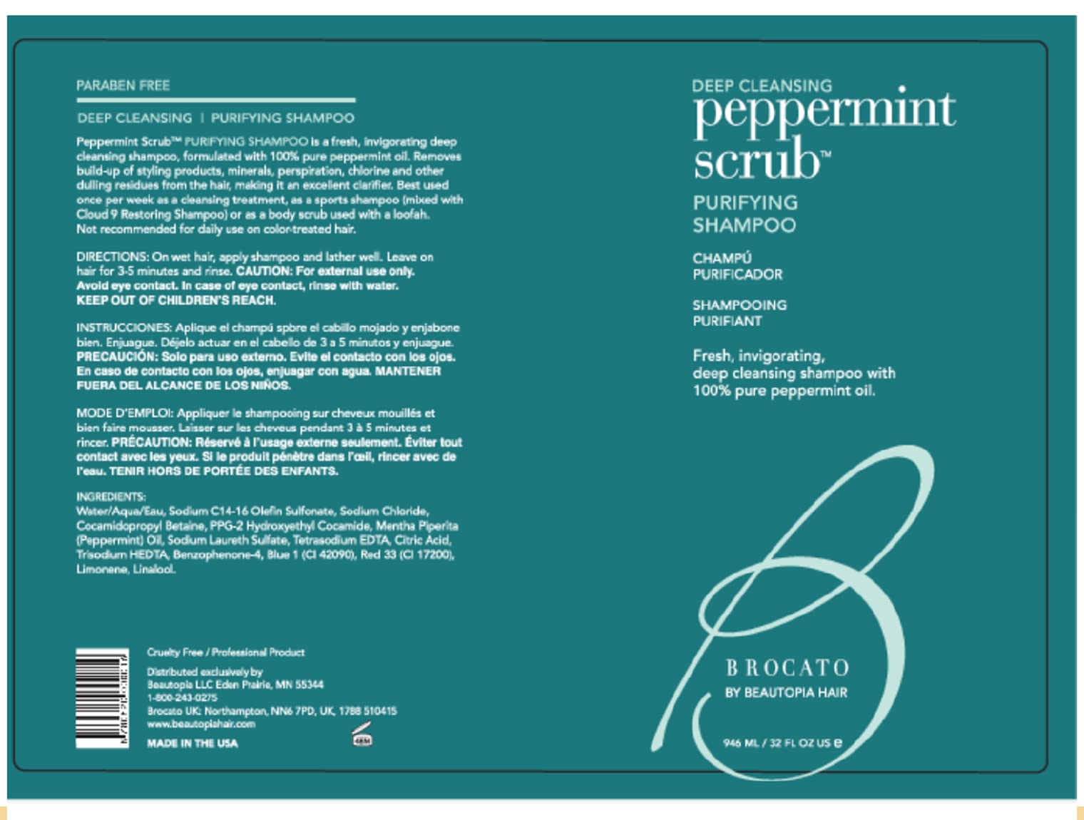Brocato Peppermint Scrub Purifying Shampoo: Lightweight with Pure Peppermint Oil, Ideal for Oily to Normal Hair Types - Sulfate
