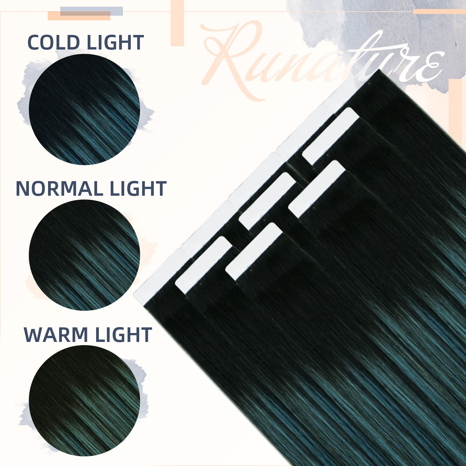 Runature Tape In Human Hair Extensions Ombre Black To Teal 22 Inch Balayage Tape In Hair Extensions Real Human Hair Straight Blu