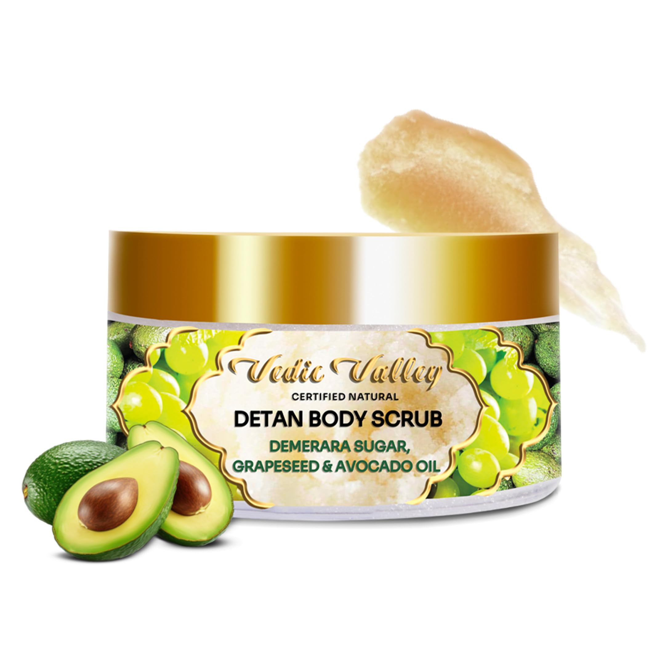 Vedic Valley Vegan Detan Sugar Scrub With Organic Actives | Tan & Black Head Removal | Removes Dirt & Dead Skin From Neck, Knees