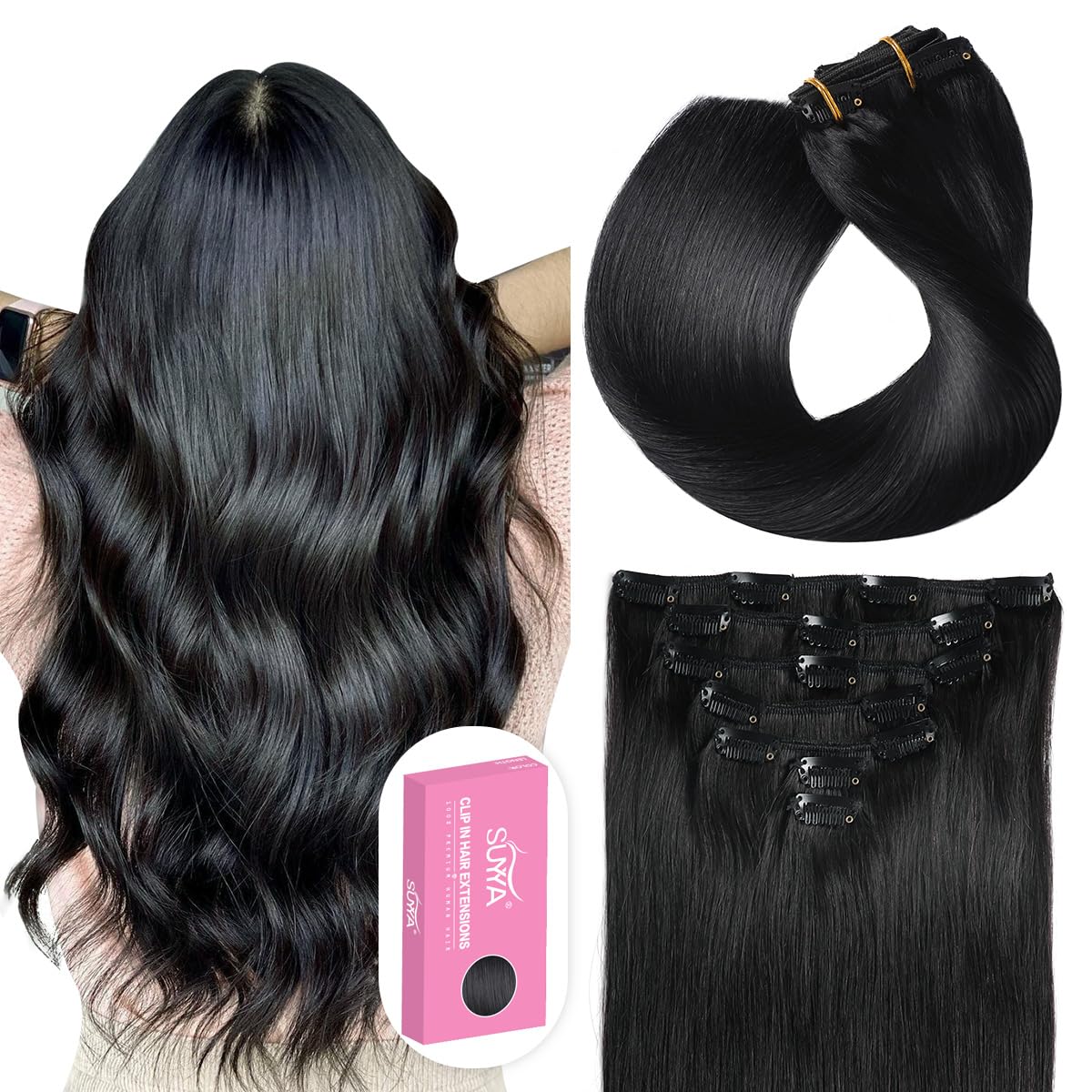 SUYYA Hair Extensions Clip ins,14 inch 7pcs 110g Jet Black Clip in Hair Extensions Human Hair Straight Clip in Hair Extensions R
