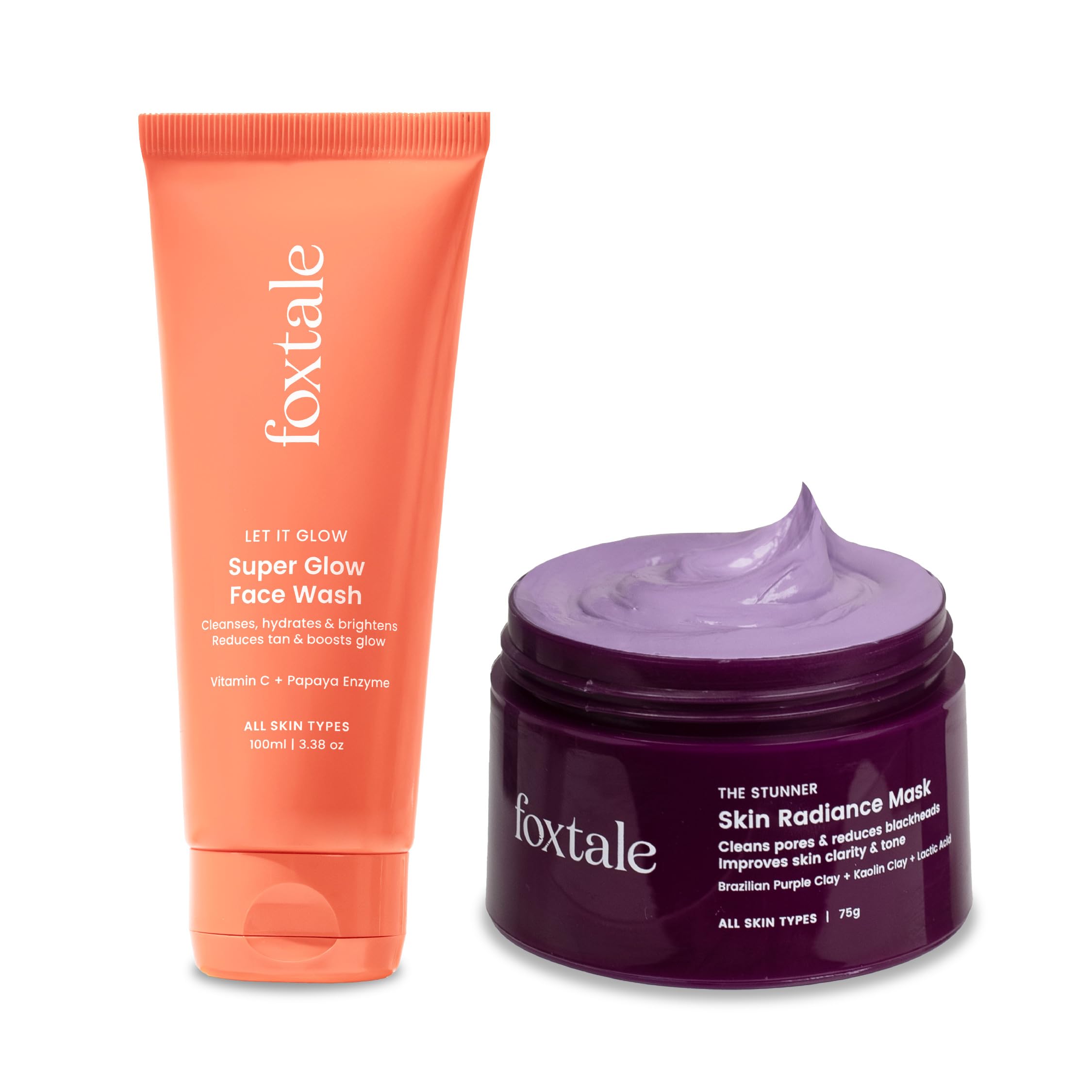 Foxtale Detan And Glow Duo - Face Wash + Skin Radiance Mask | Removes Tan, Brightens, Unclogs Pores | With Vitamin C, Papaya Enz