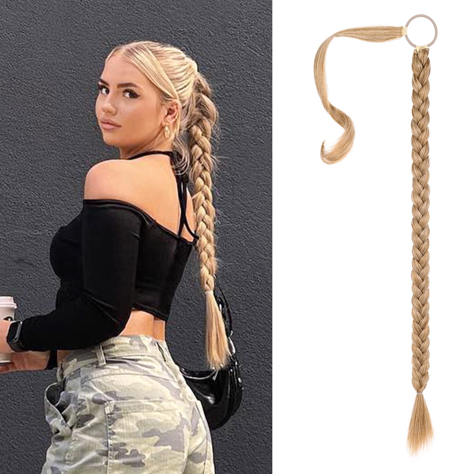 SEIKEA Upgraded Long Braid Ponytail Extension with Elastic Tie Straight Sleek Wrap Around Braid Hair Extensions Ponytail Golden 