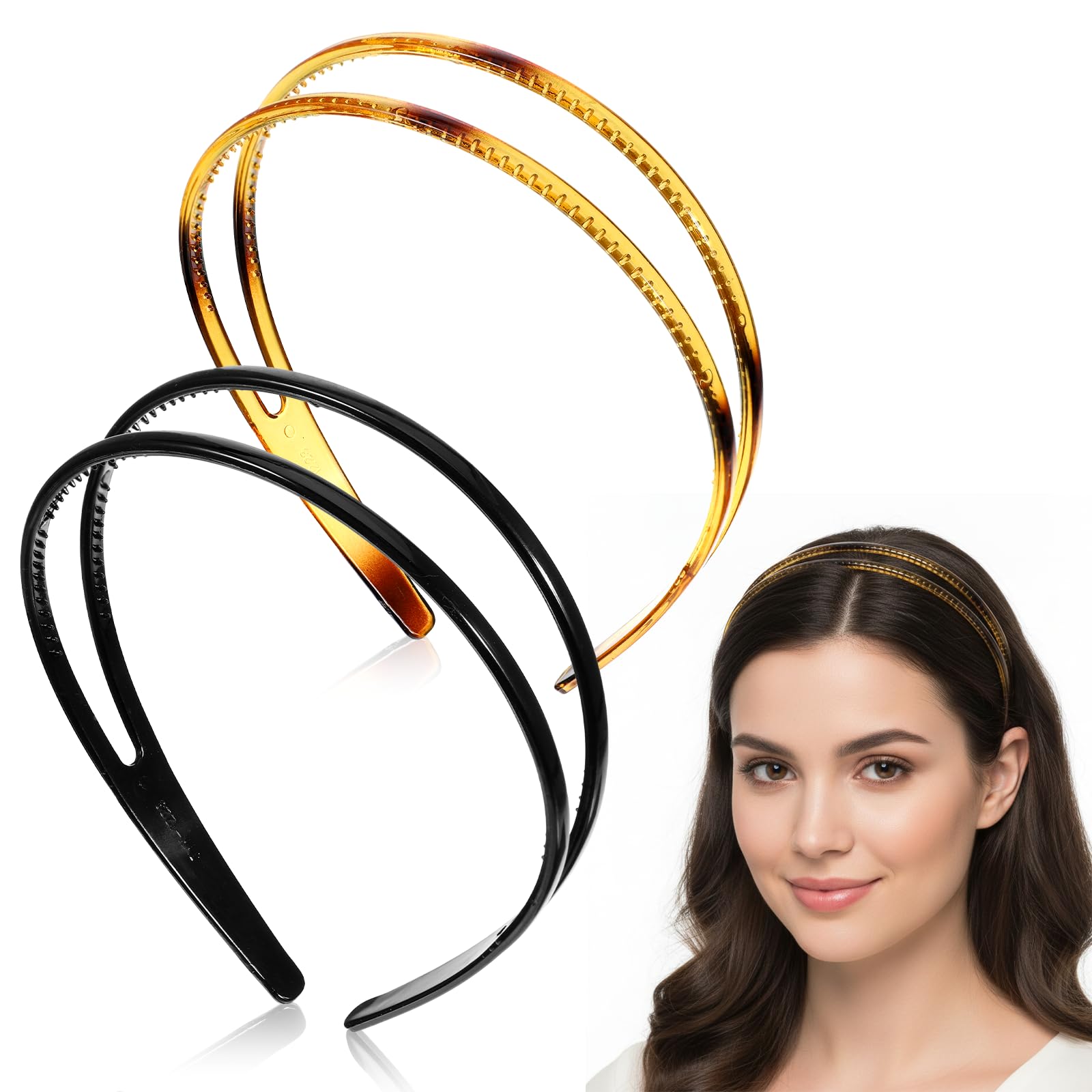 Styquenzer 2 Pcs Double Row Teeth Plastic Headband, Head Bands for Womens Hair Headbands for Women Non Slip Simple Hairs Access