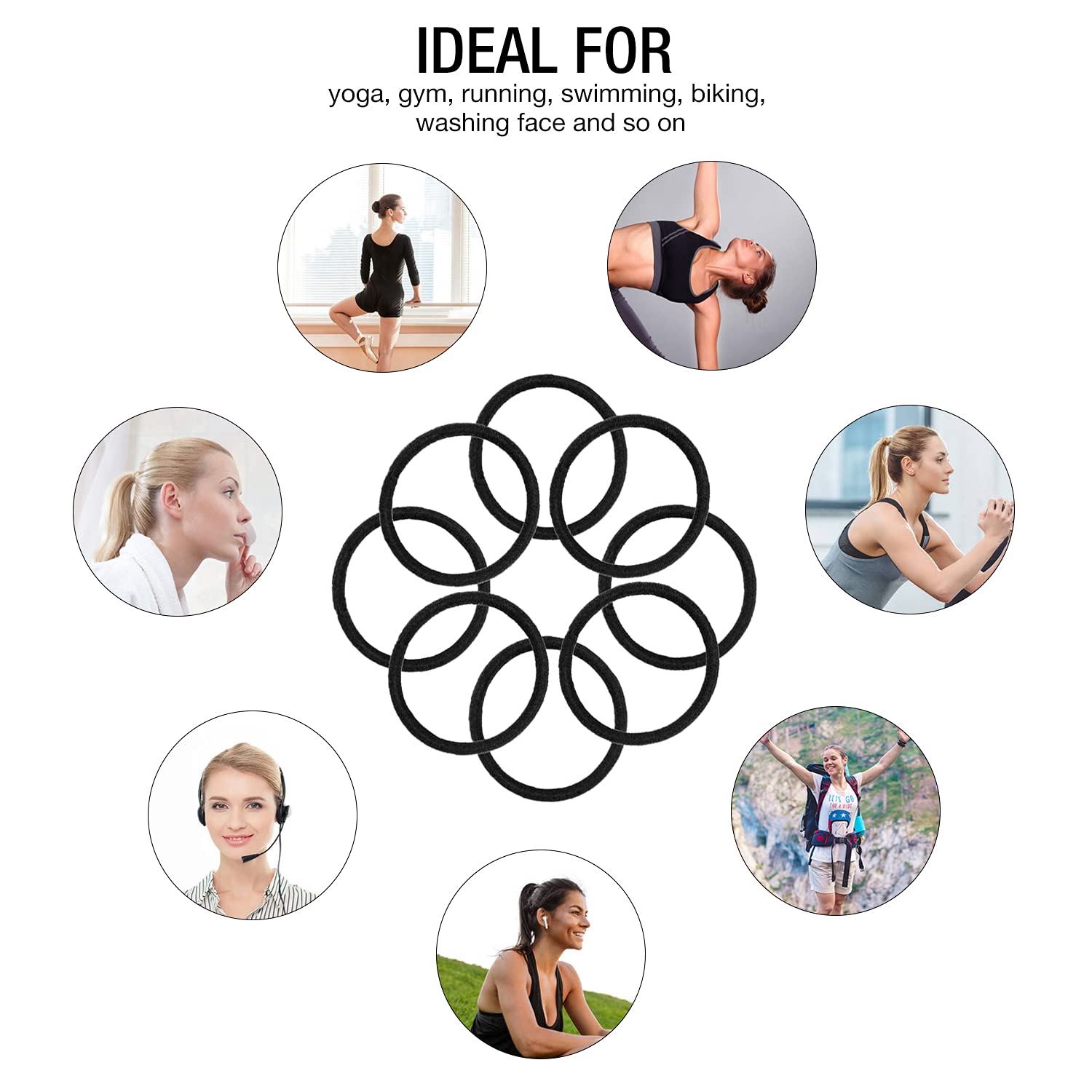 HOYOLS Black Hair Elastics Ties, No Metal Ponytail Holders Hair Bands Elastic Braided Thick for Women Girl Thick Fine Curly Hair