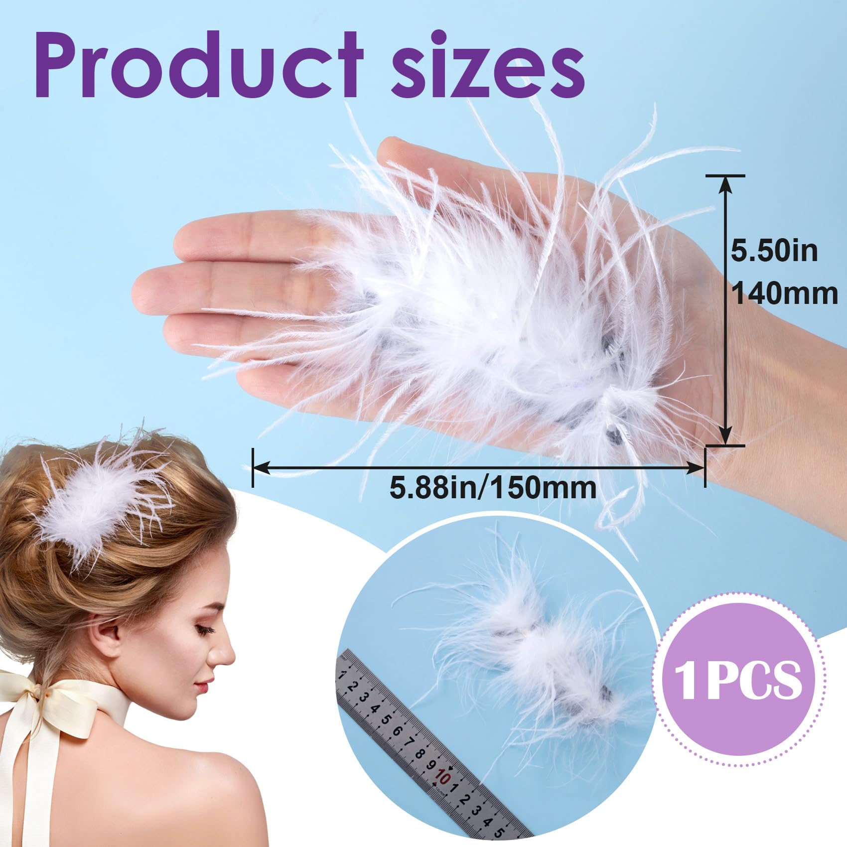 Oiiki White Ostrich Hair Clip, Feather Hairgrip Retro Hair Jewelry Accessories For Women Bride Party Festival Valentine Wedding