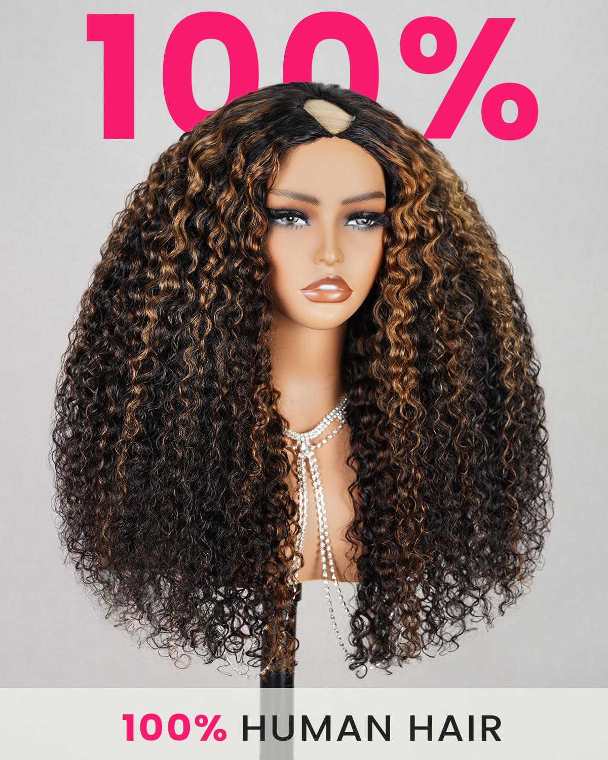 MEGALOOK V Part Wig 12A Deep Curly Human Hair 24 Inch 180% Density Glueless Highlight FB30#