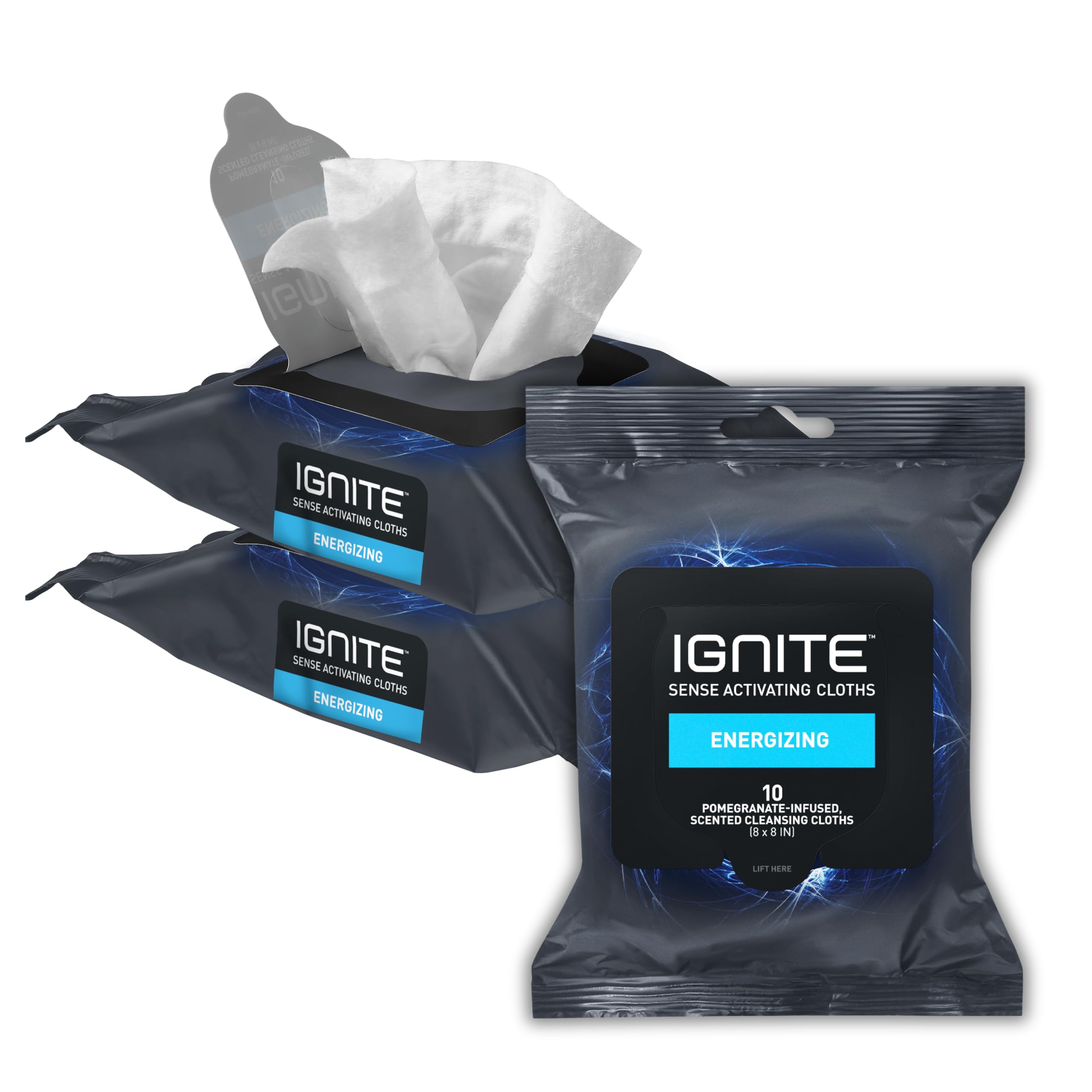 Medline Ignite Mens Body Wet Wipes, Extra Thick 8 '' X 8 '' Shower Wipes, Energizing Scent, 10 Count (Pack Of 3)