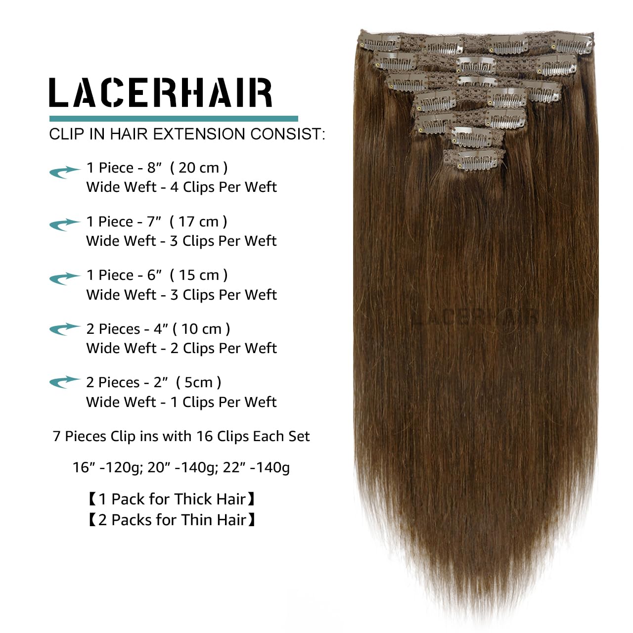 Lacer Hair Extensions Clip In Human Hair 22 Inch Chocolate Brown #4 Double Weft 7Pieces 140G Silky Straight Natural Hair Lace Cl