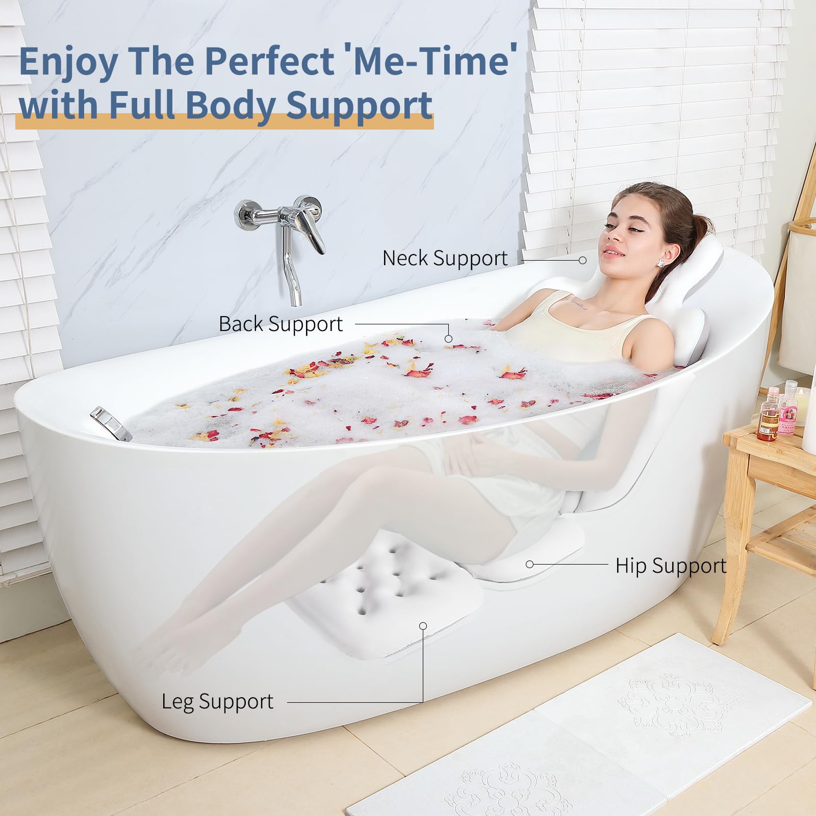 Luxury Bath Cushion, Full Body Bathtub Pillow With 160 Suction Cups, Bath Mat For Head And Neck Support, With Laundry Bag (White