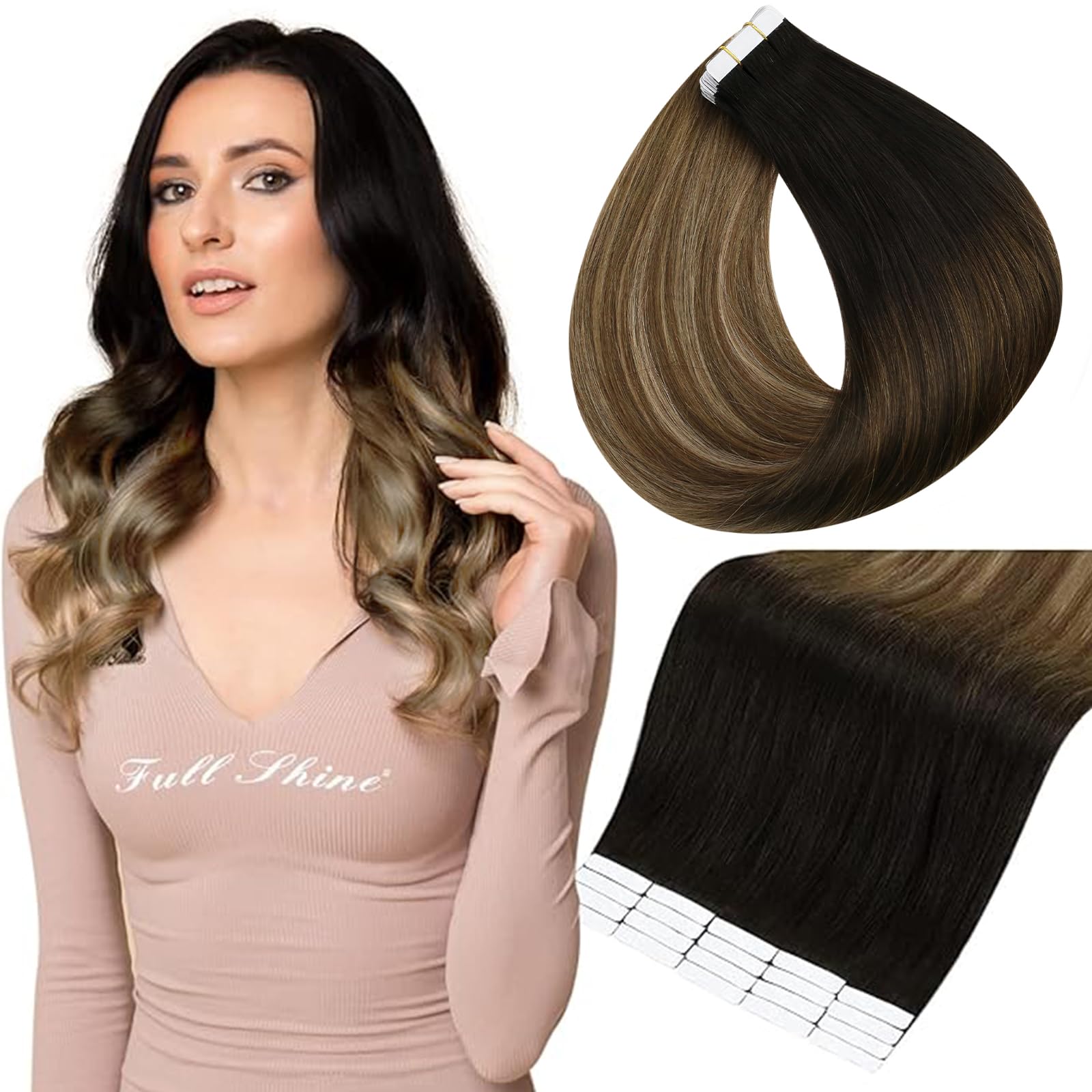 Full Shine Real Hair Tape In Hair Extensions 18 Inch Off Black Fading To Chestnut Brown And Honey Blonde 20 Pcs Invisible Tape I