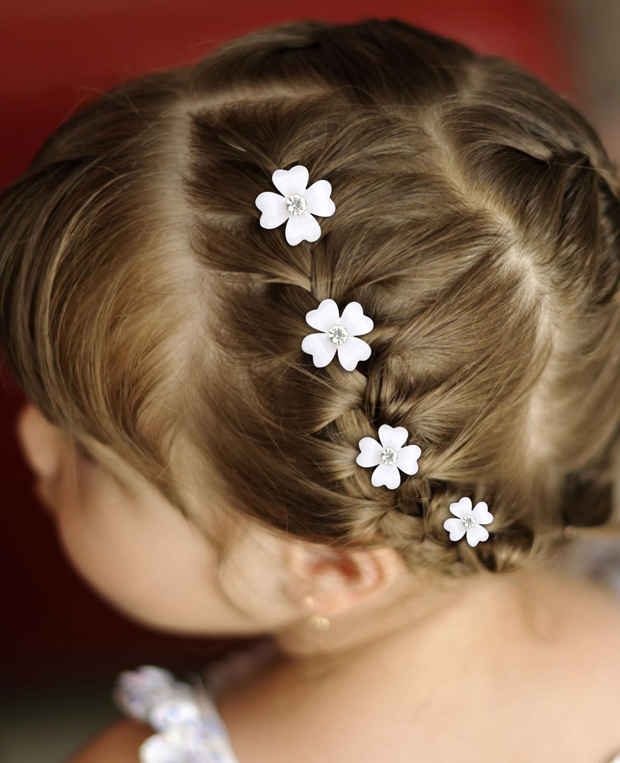 Wecoe 20 Pcs Small White Flower Hair Clips Girls Tiny Mini Clips for Hair Cute Decorative Hair Clips Four Petals Bling Hair Clip