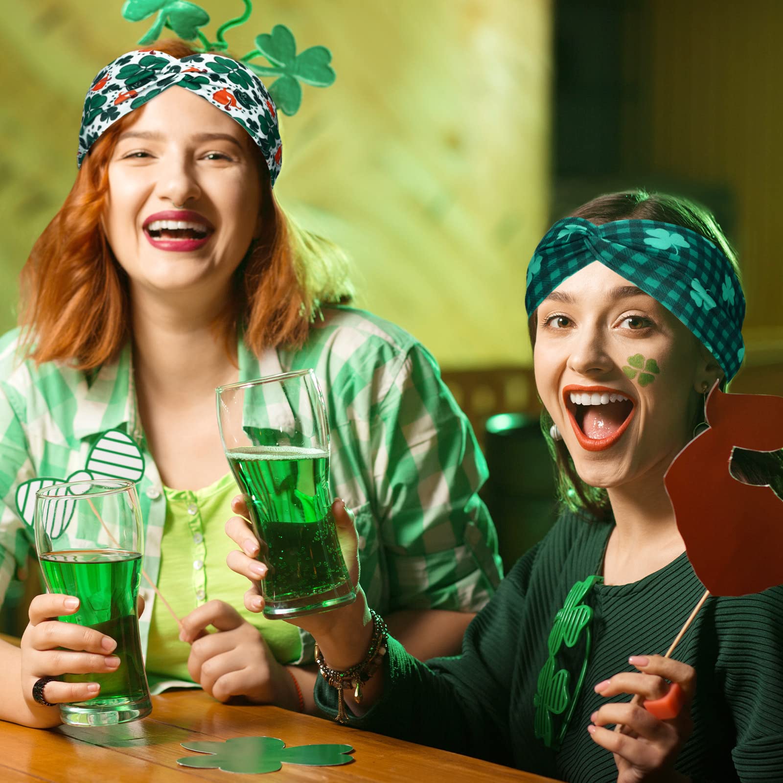 Giegxin 10 Pcs St.patrick's Day Headbands for Women Irish Green Shamrock Hair Band Wide Knotted Elastic Hair Accessories for Hol