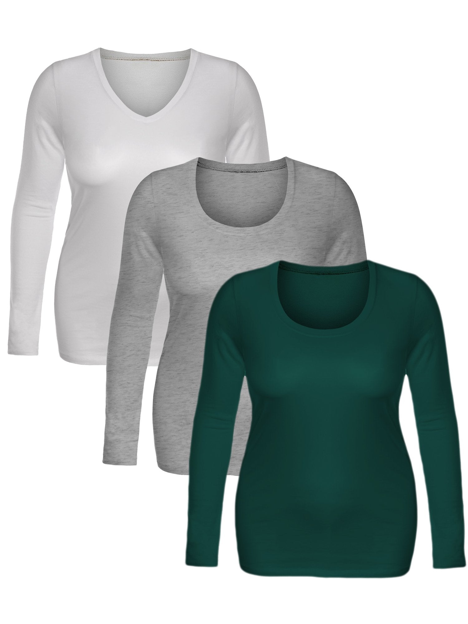 Emmalise Womens Junior and Plus Size Basic Scoop Neck Tshirt Long Sleeve Tee, 1xl, 3Pk White, Hgray, green Teal