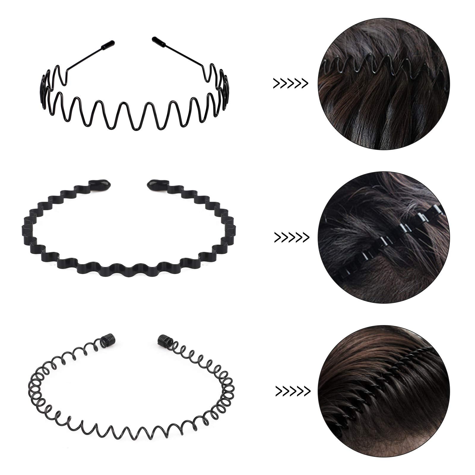 fenshine 6PCS Metal Hair Bands, Spring Wavy Hoop Unisex Black Headband Slicked Back Non Slip Sports Hairband for Women Men