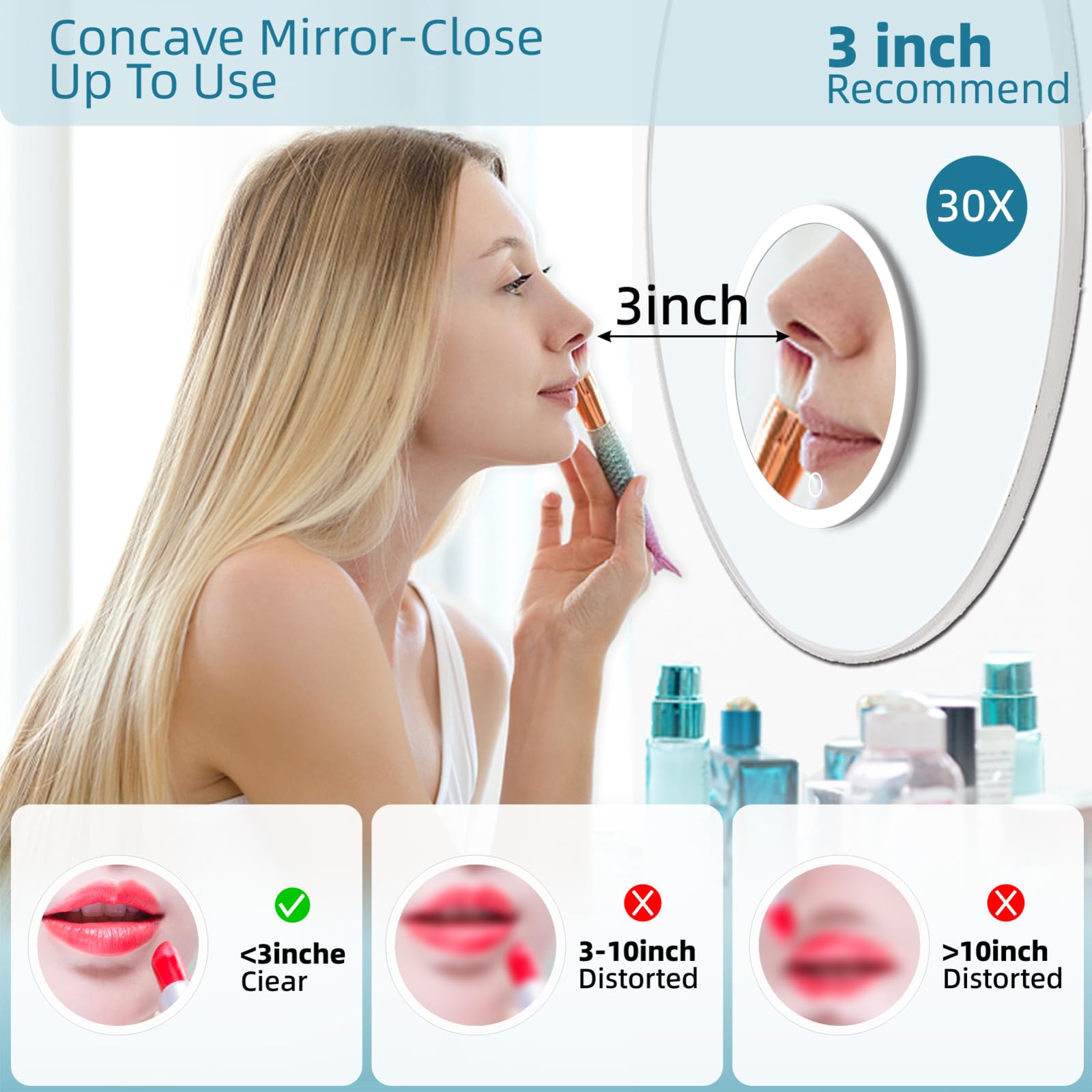 30X Magnifying Mirror with Lights, 6'' Travel Magnifying Mirror, Magnified Mirror with 3 Color Lighting Makeup Mirror with 30X M