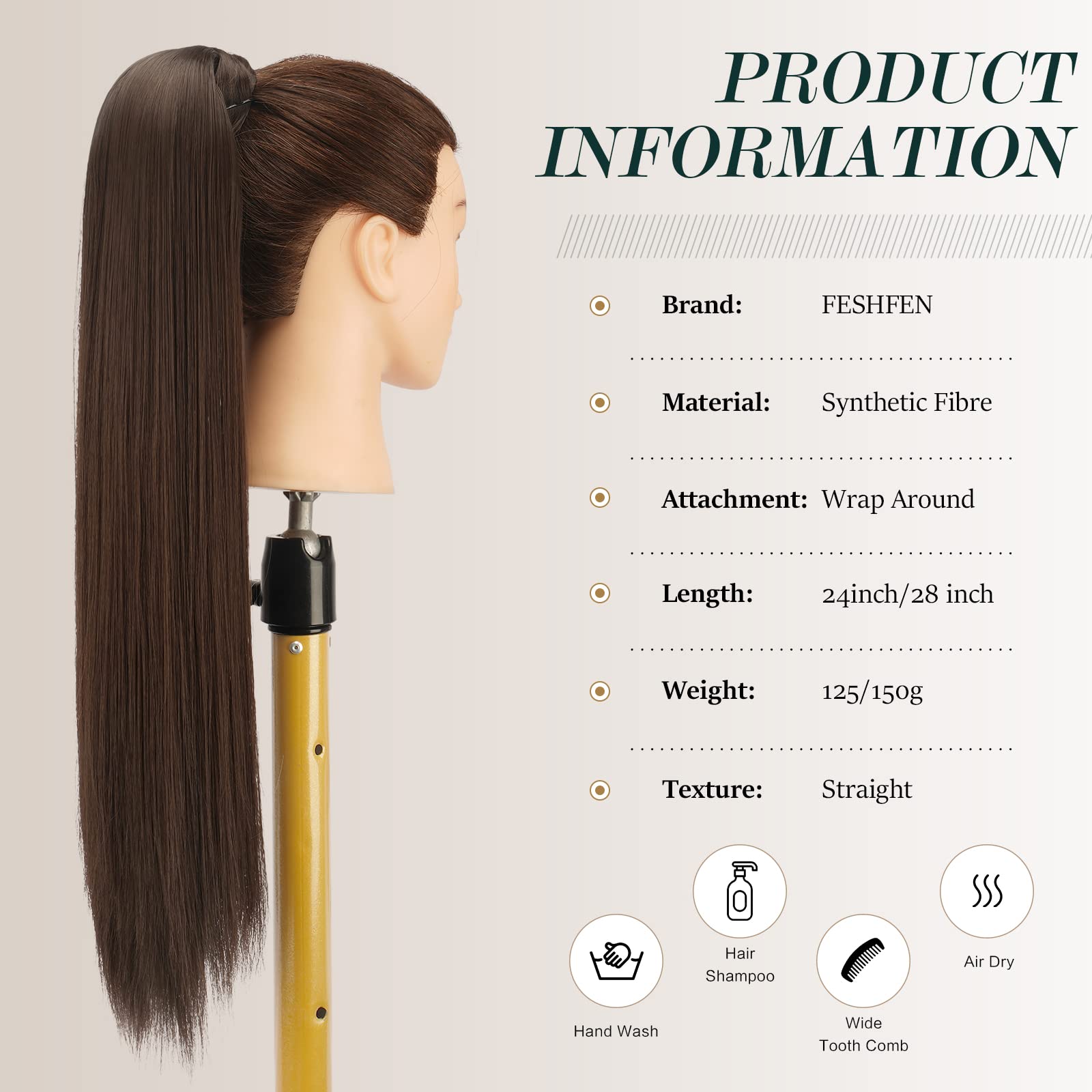 Feshfen Straight Long Ponytail Extensions 28 Inch Medium Brown Wrap Around Synthetic Hair Piece Pony Tail Hair Extensions Hairpi