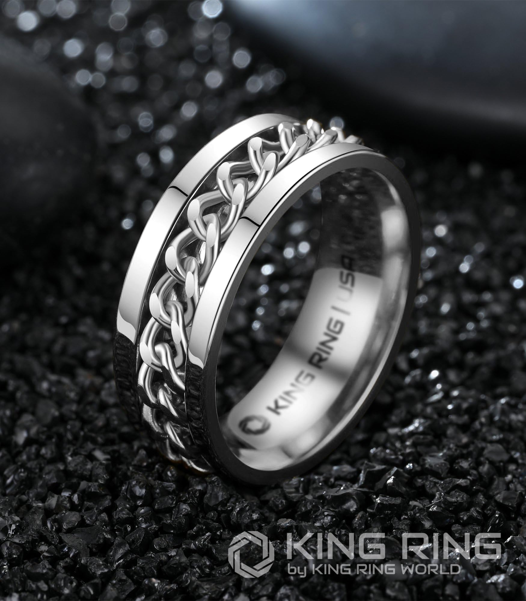 King Ring 8mm Silver Spinner Ring - Fine Polished Flat Fidget Ring for Men & Women with Cuban Chain, Stainless Steel Ring - Silv