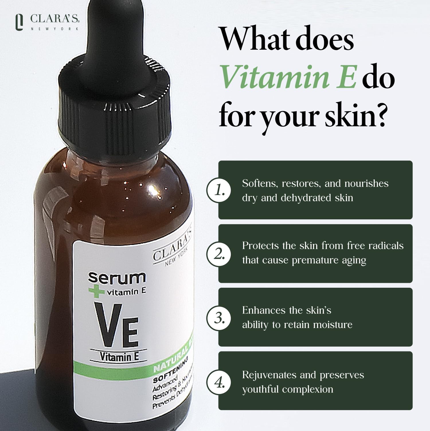 CLARA'S NEW YORK | Softening Vitamin E Facial Serum | Protecting Skin Barrier, Smoothing, Restoring and Nourishing | Non-greasy,
