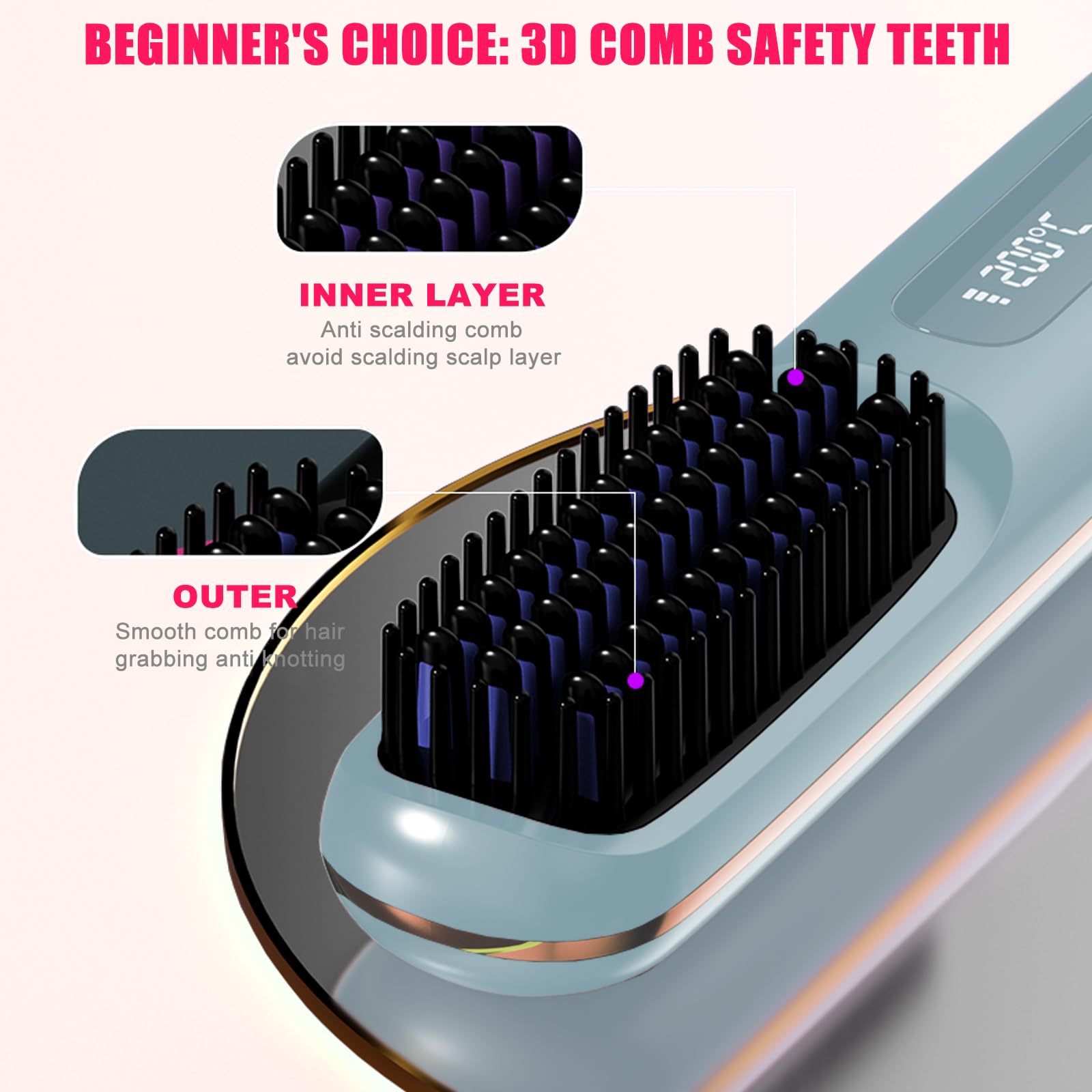 New gobrush pro 2025, Cordless Hair Straightener Brush-199 Million Negative Ions, 20S Fast Heat Up,4 Temperature Settings,3200mA