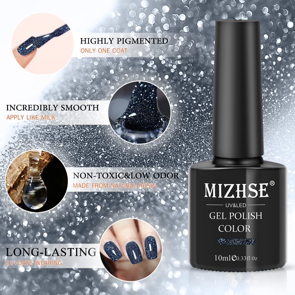 MIZHSE Diamond Gel Nail Polish, Reflective Glitter Gel Polish Set, Sparkly Shiny Gel Nail Art Varnish Manicure Kit, Soak Off LED