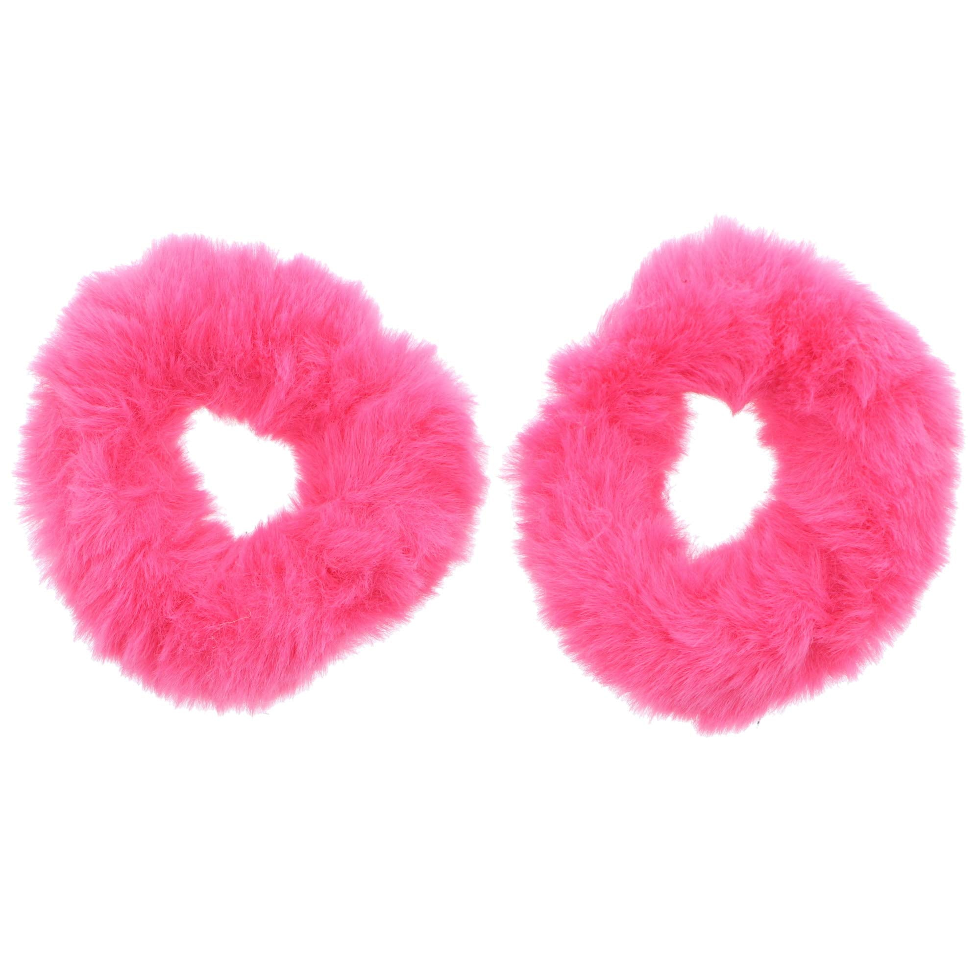 Small Fuzzy Fur Scrunchies Furry Pony Holder - Set Of 2 - Hot Pink