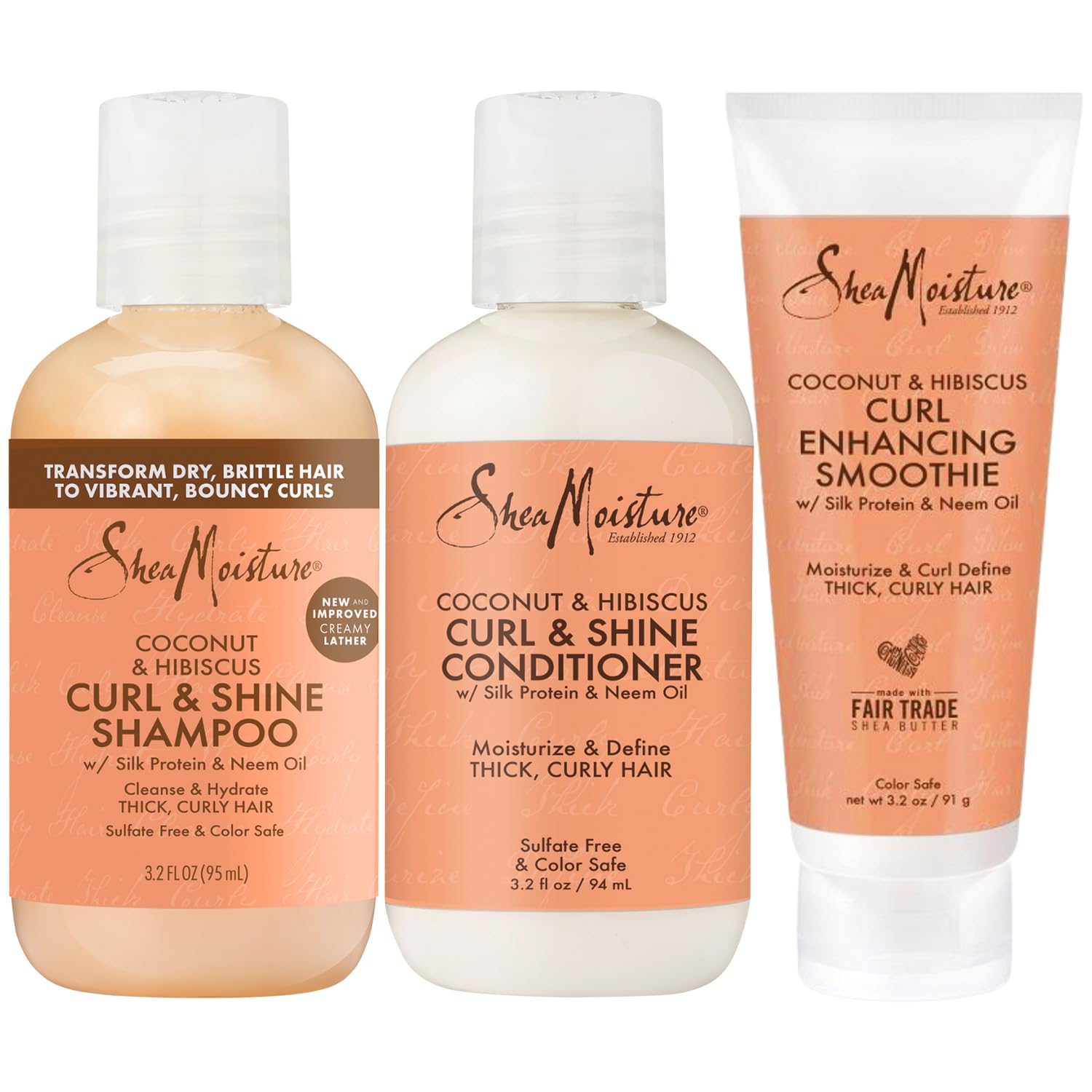 SheaMoisture Curl & Shine Shampoo, Conditioner & Curl Enhancing Smoothie, Travel-Size -  Coconut & Hibiscus Curly Hair Products 