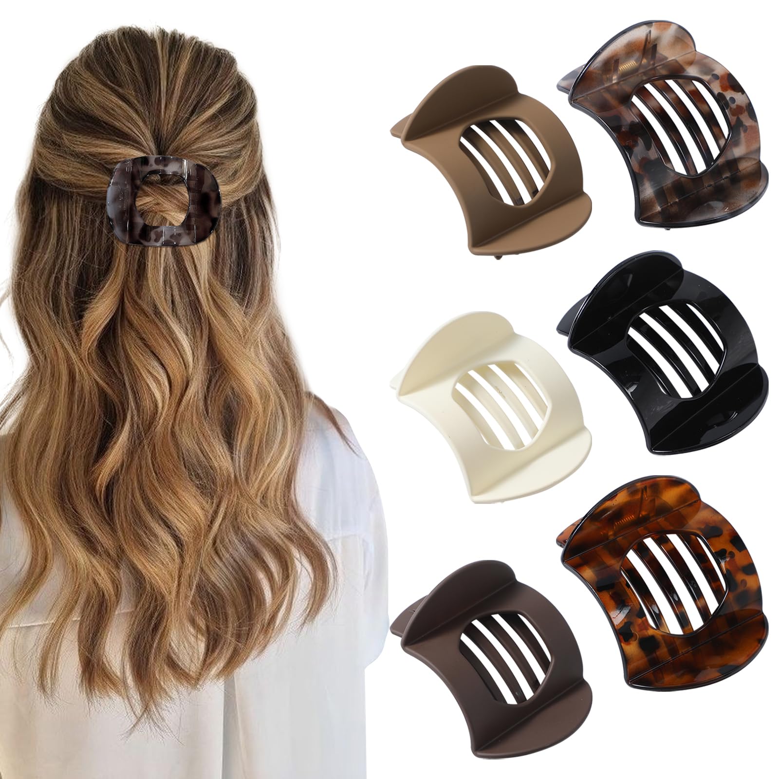 6Pcs Flat Hair Clips for Women,Kabuki Flat Top Round Clips for Thick or Thin Hair,Matte Large Hair Claw Clips Strong Hold No Sli