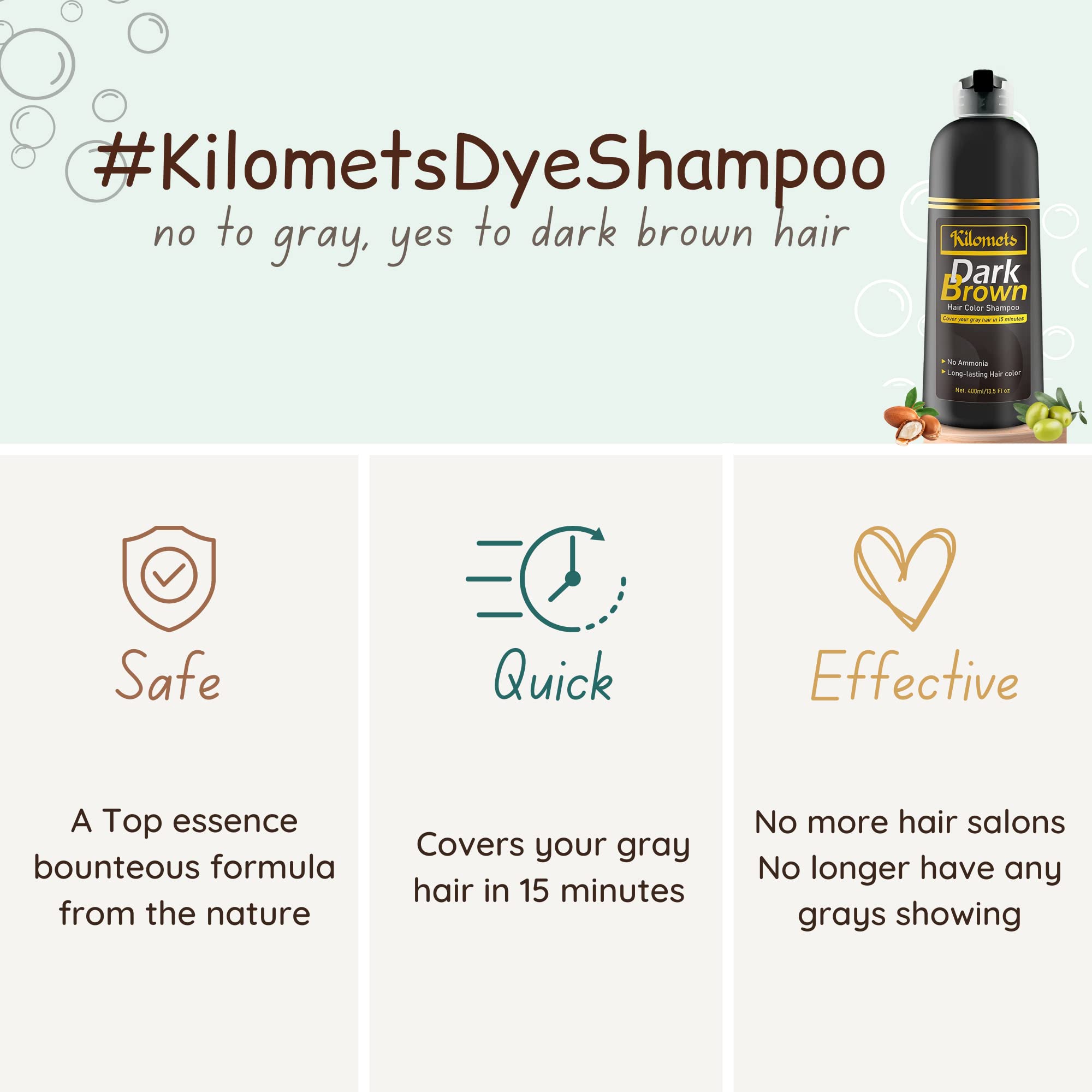 KILOMETS Dark Brown Hair Dye Shampoo 400ml- 100 grey coverage in Minutes - Ammonia Free Hair color Shampoo gray Silver Hair- Ins