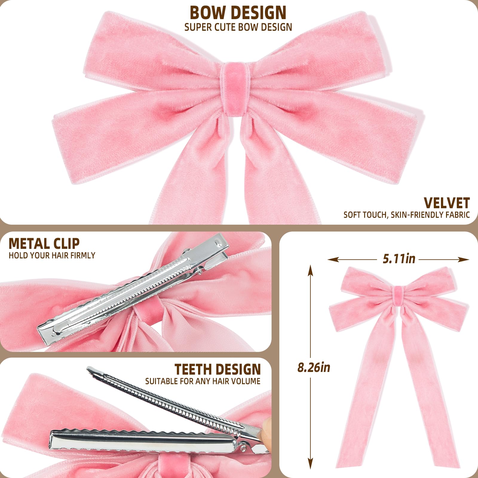 2Pcs Pink Hair Bows Soft Velvet Bow Hair Clip With Long Tail Hair Accessories For Women Girls Toddlers
