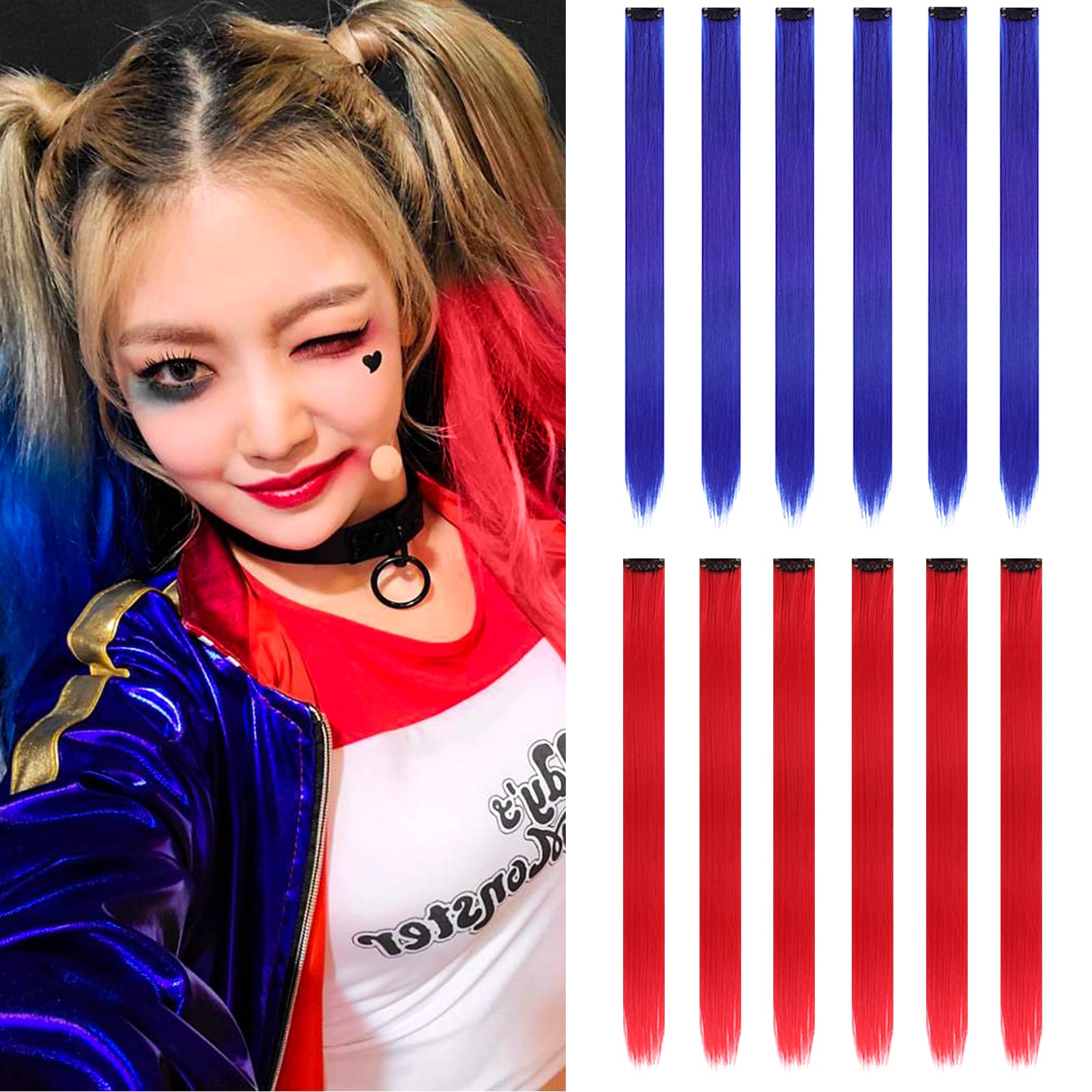 12PCS Colored Red and Blue Hair Extensions 22 Inch Colorful Clip in Hair Extensions Straight Synthetic Hairpiece for Women Kids