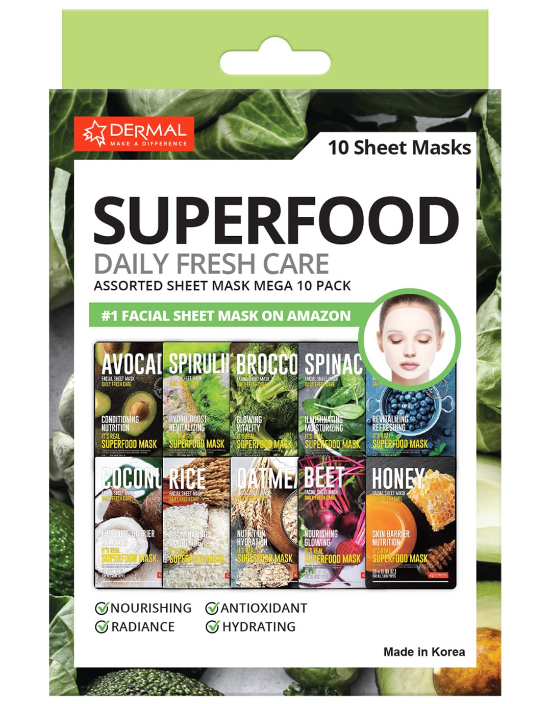 Dermal Superfood Daily Fresh Care Assorted Sheet Mask Mega 10 Pack- Facial Sheet Mask For Glowing Refreshing Skin - Moisturizing