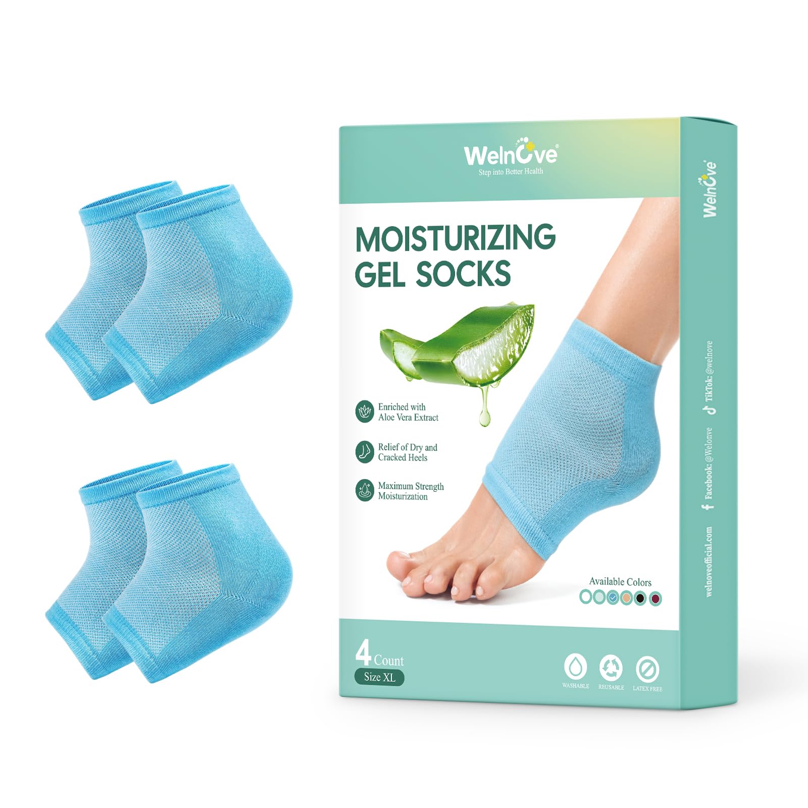 Welnove Moisturizing Heel Socks - 2 Pairs Aloe Vera Extract Infused Gel Lining for Dry Feet - Cracked Heel Repair Treatment - Co