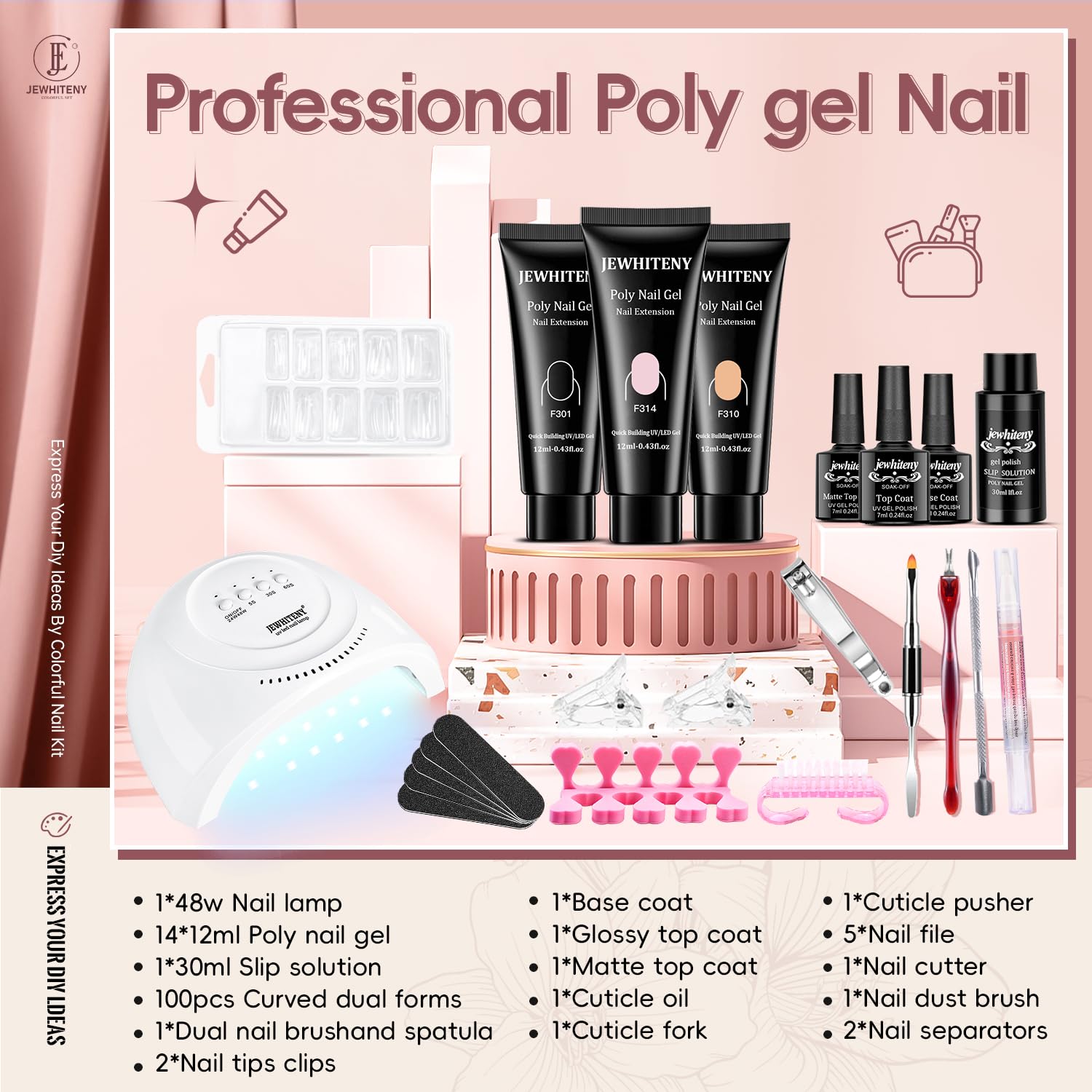 JEWHITENY Poly Gel Nail Kit with 120W LED Lamp, 14 Colors, Acrylic, All-in-One French Design, Includes 30ml Slip Solution