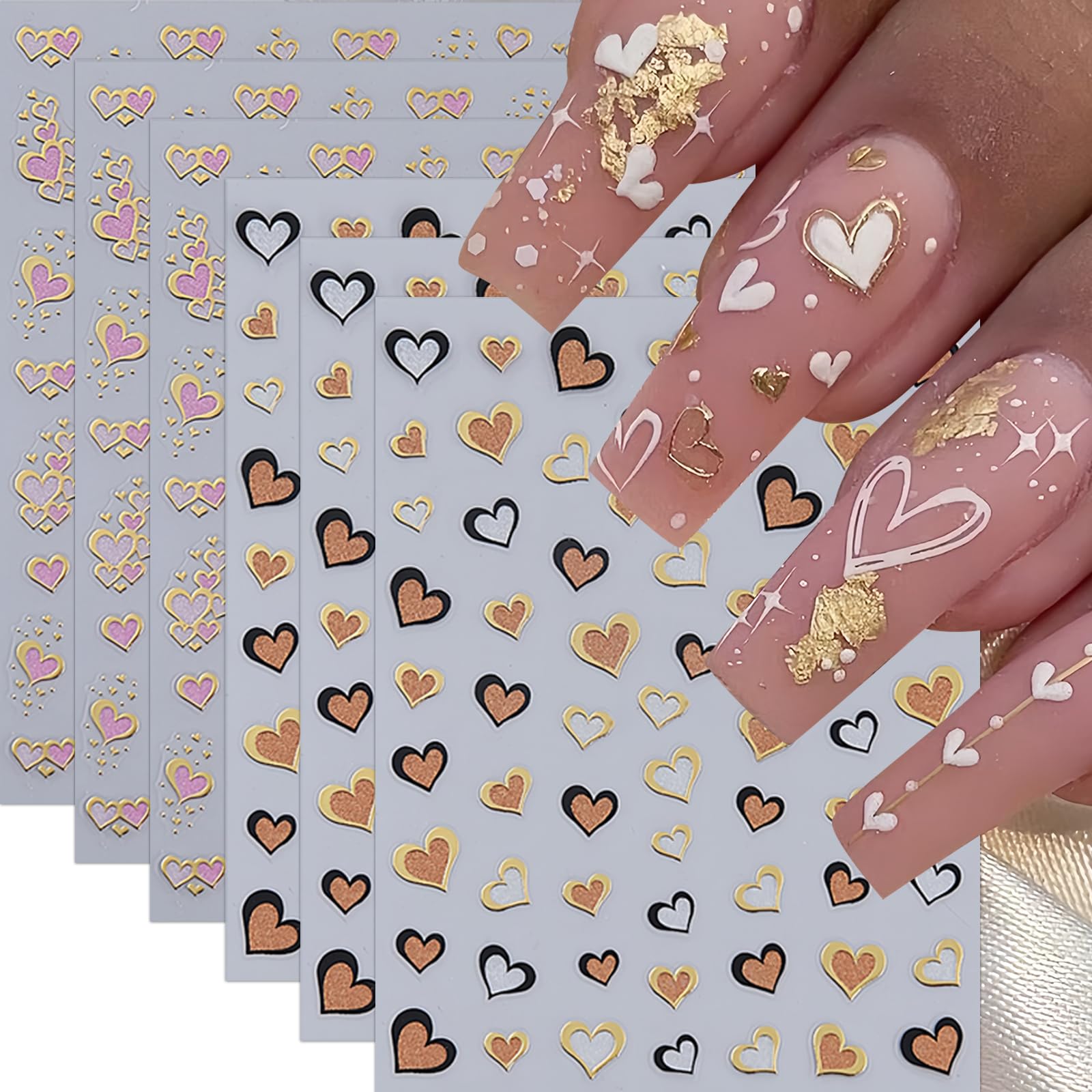 6Pcs Heart Nail Art Stickers 3D Self Adhesive Heart Love Nail Decals Pink Black Brown Gold Cute Hollow Out Heart Nail Design Nai
