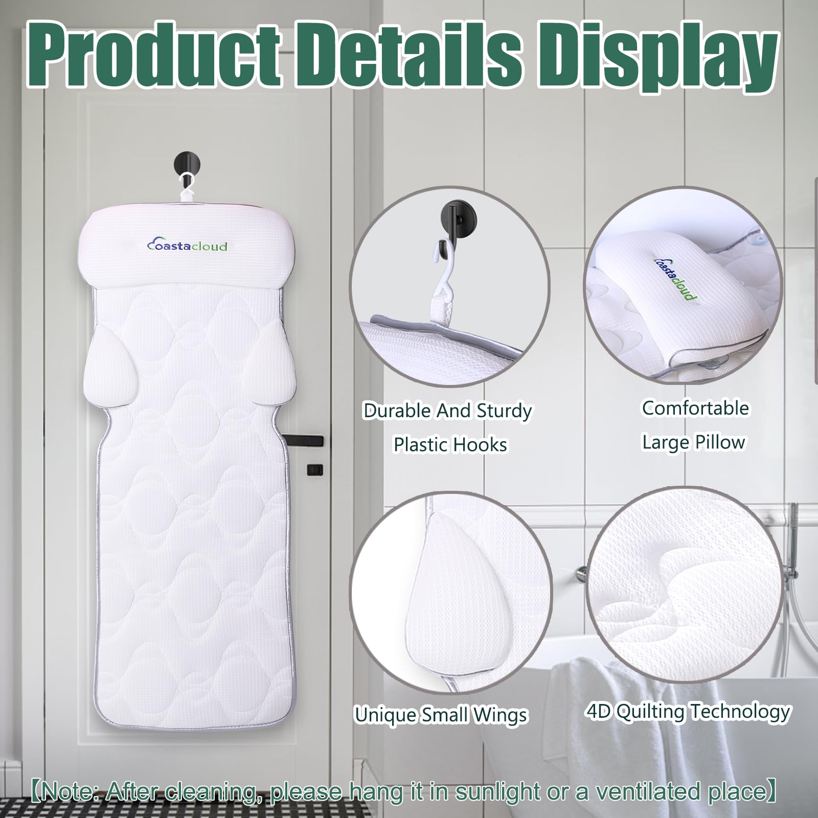 Full Body Bath Pillow, Bathtub Mattress Luxury Cushion With Large Suction Cups, Comfort Support Your Head, Neck, Shoulder, Back