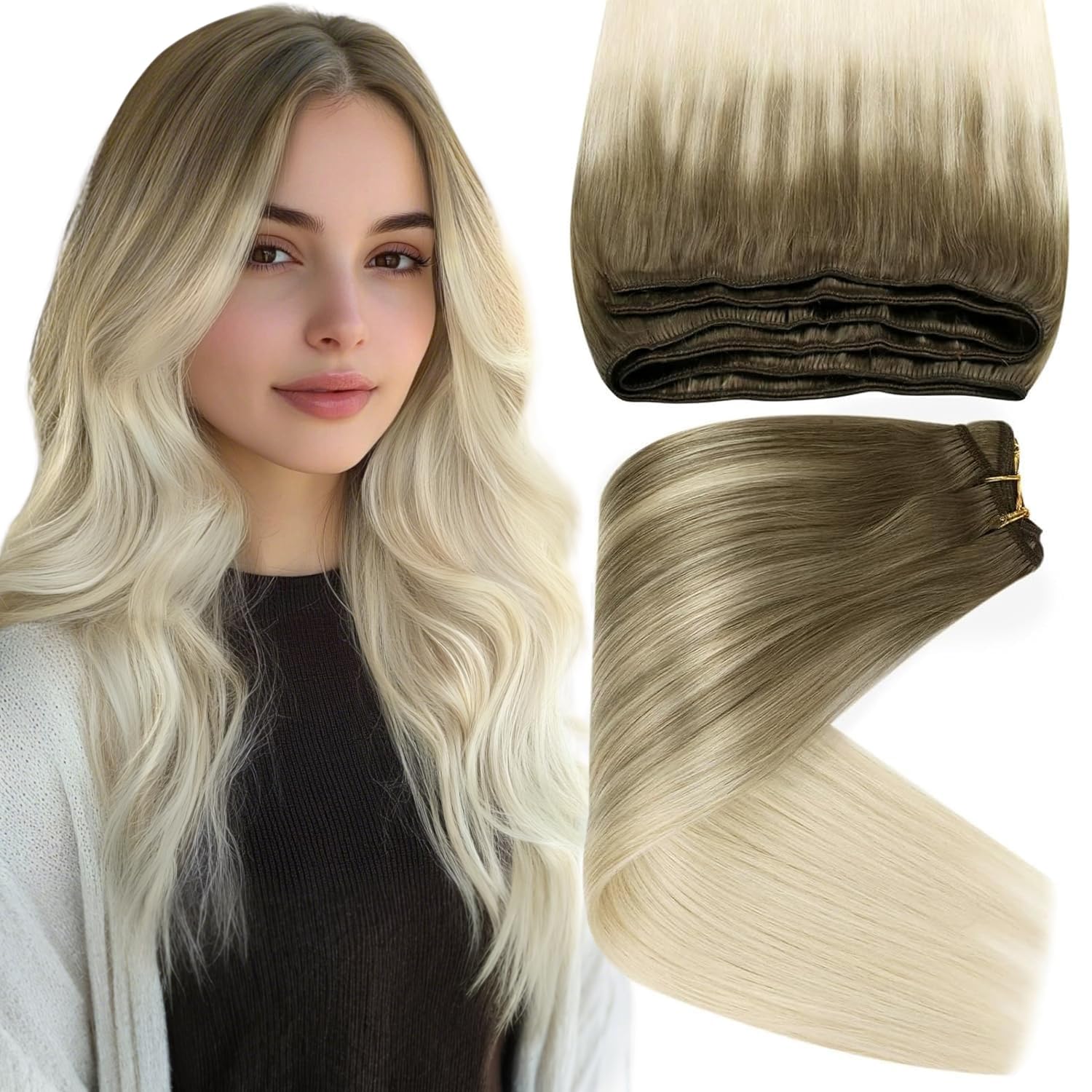 Sunny Short Hair Extensions Sew in Ombre Brown to Blonde Weft Hair Extensions Human Hair Sew in Extensions Light Brown Roots to 