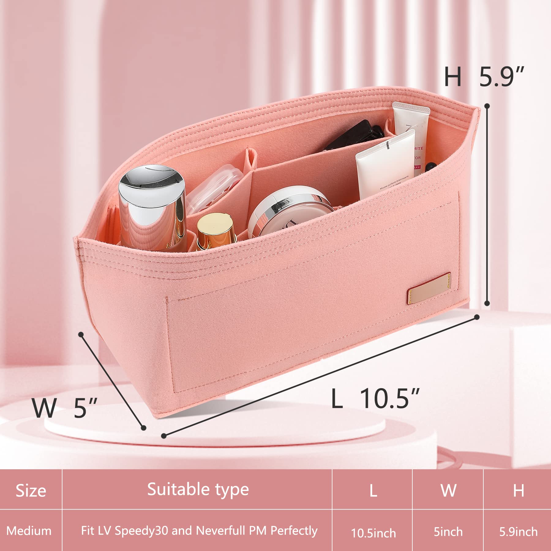 Doxo Purse Organizer Insert & Base Shaper 2pc Set, Felt Handbag & Tote Bag Fit L Speedy 30 Nererfull PM More(Pink,Medium-Combina