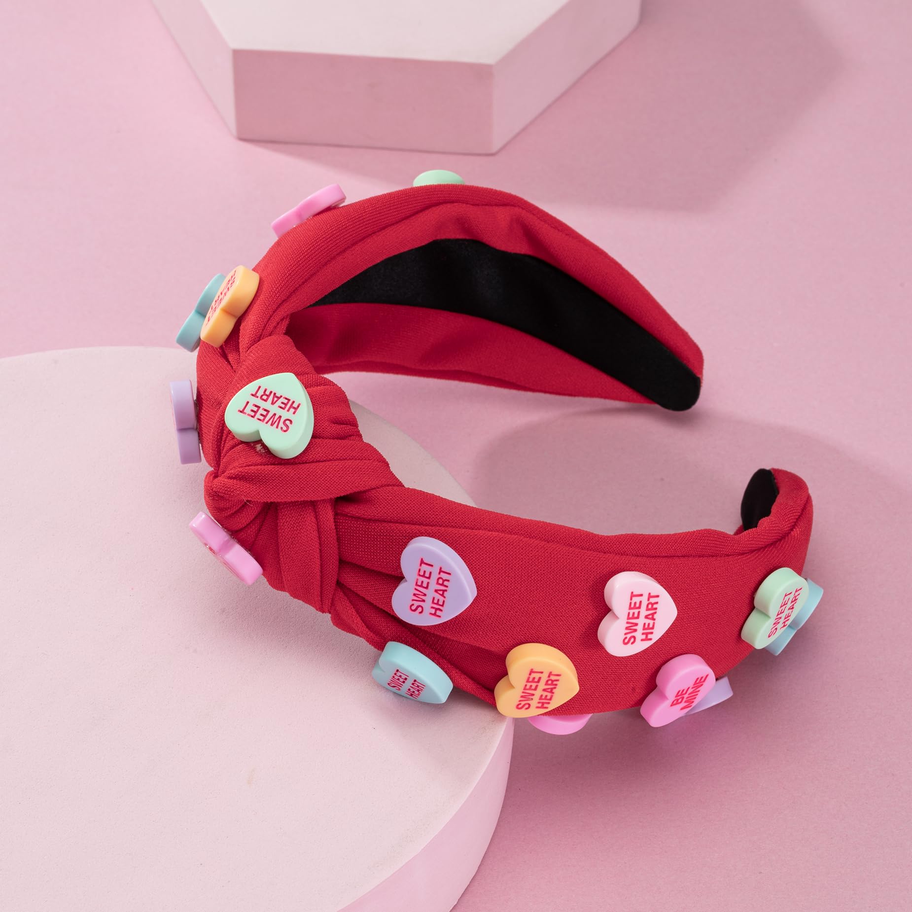 Valentine'S Day Heart Candy Embellished Red Headband Conversation Love Heart Charm Knotted Headband Non Slip Wide Top Knot Fashi