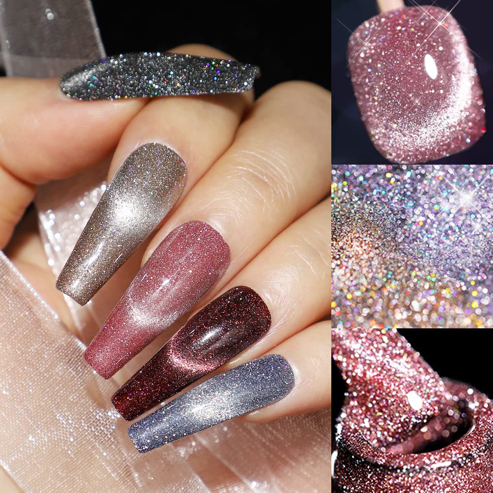 Mizhse Reflective Glitter Cat Eye Gel Nail Polish 7Ml, Sparkly Diamond Cateye Soak Off Gel Polish Magnetic Manicure Set For Nail