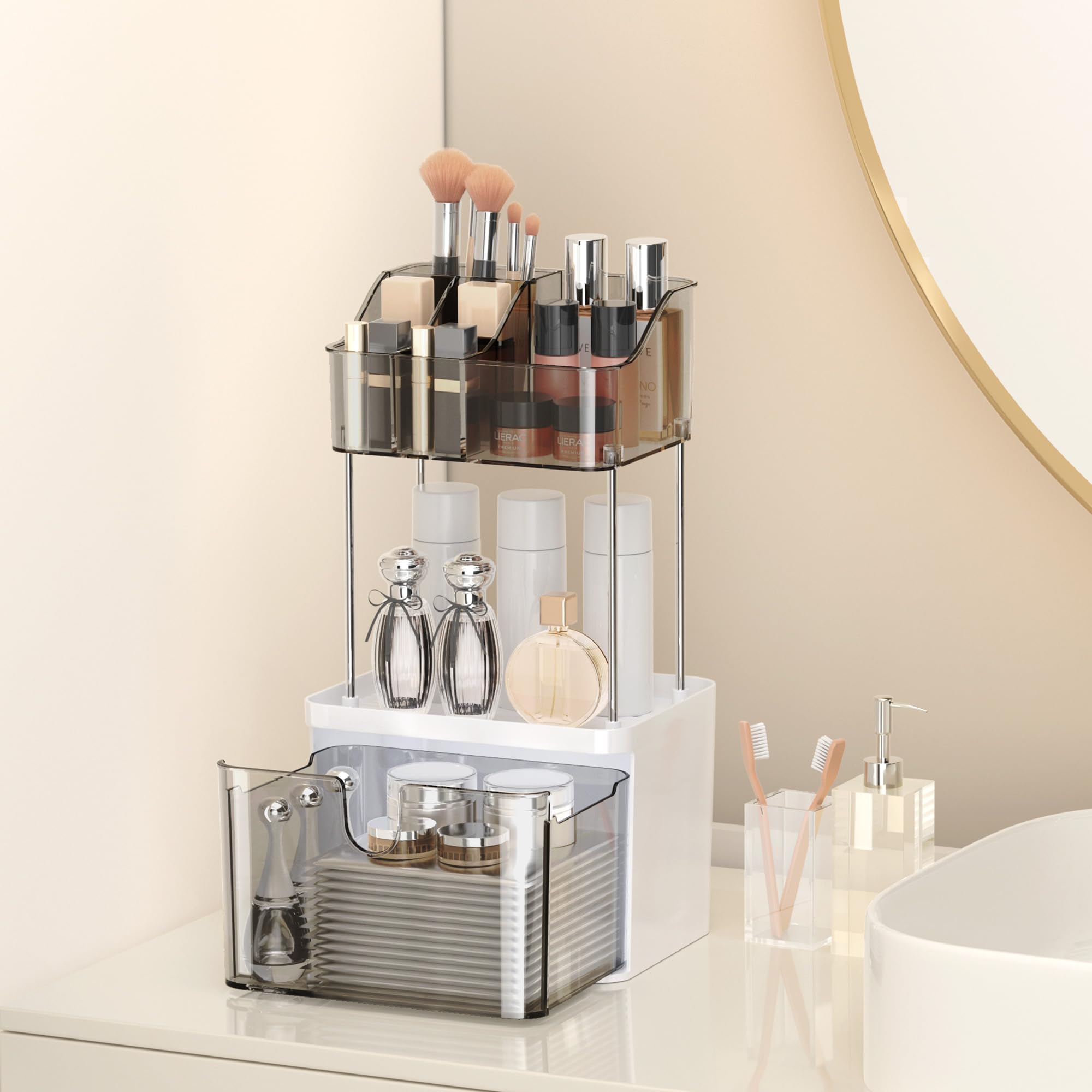 Doadw 3 Tier Makeup Organizer Countertop With Drawer - Bathroom Makeup Organizer Countertop - Small Multi-Purpose Skin Care Orga