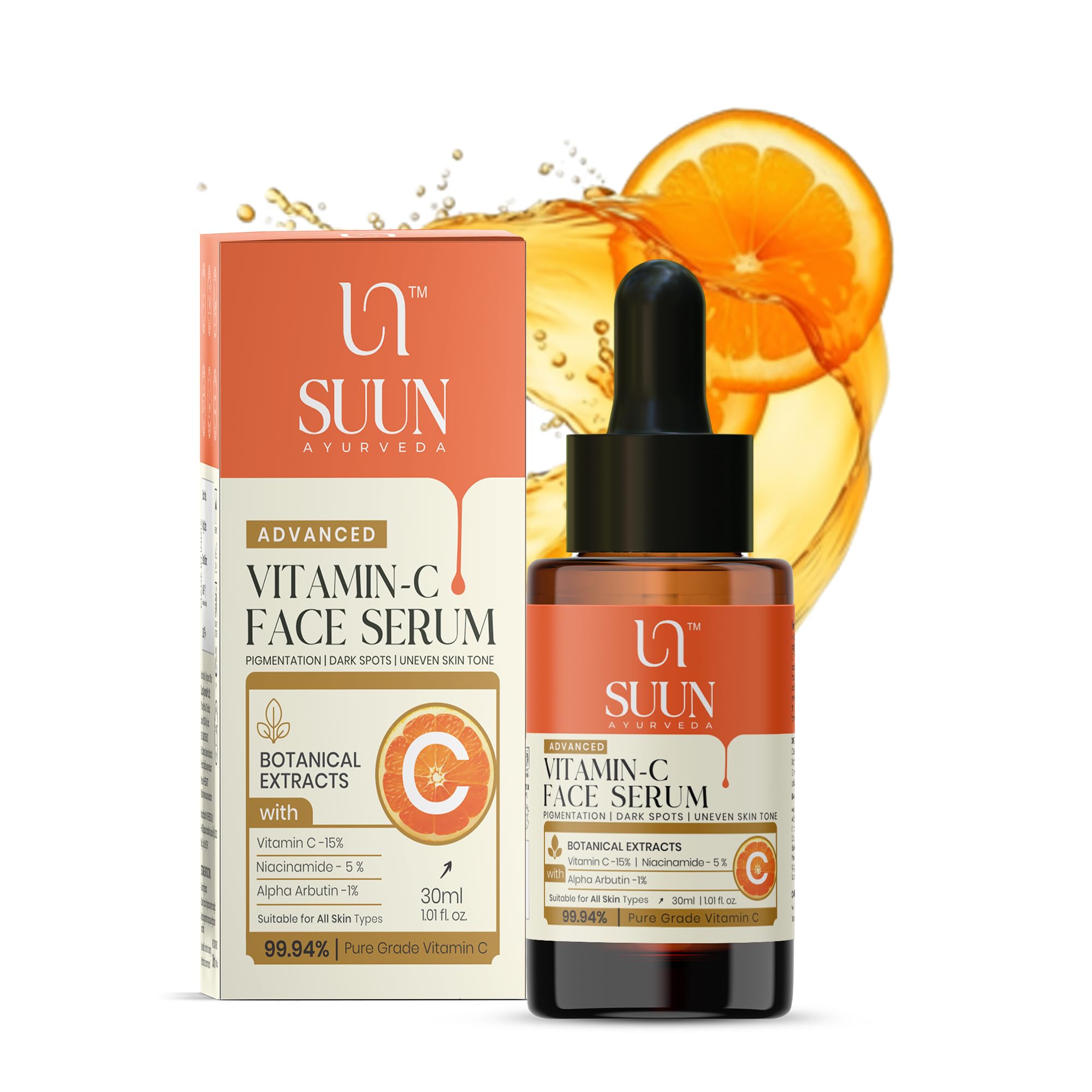 Suun Ayurveda Advanced 15% Vitamin C Serum With 5% Niacinamide & 1% Arbutin | For Brighter, Even-Toned Skin | Reduces Pigmentati