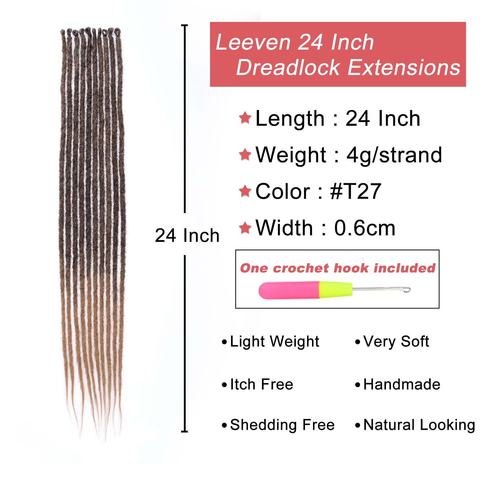 Leeven 24 Inch Synthetic Dreadlock Extensions 40 Strands Se Hippie Dreads Handmade Ombre Honey Blonde Soft 0.6 Cm Width Loc Exte