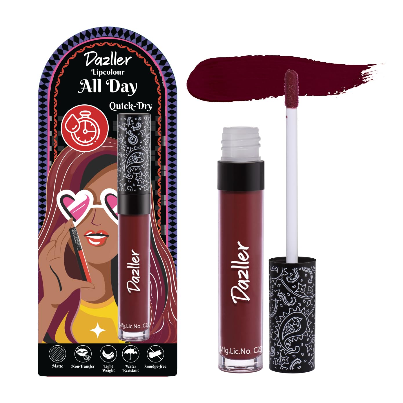 Dazller All Day Lipcolour Quick Dry|Moisturizing Kokum Butter|Non-Transfer & Smudge-Proof|8Hr Stay|Liquid Lipstick For Women|Qdl