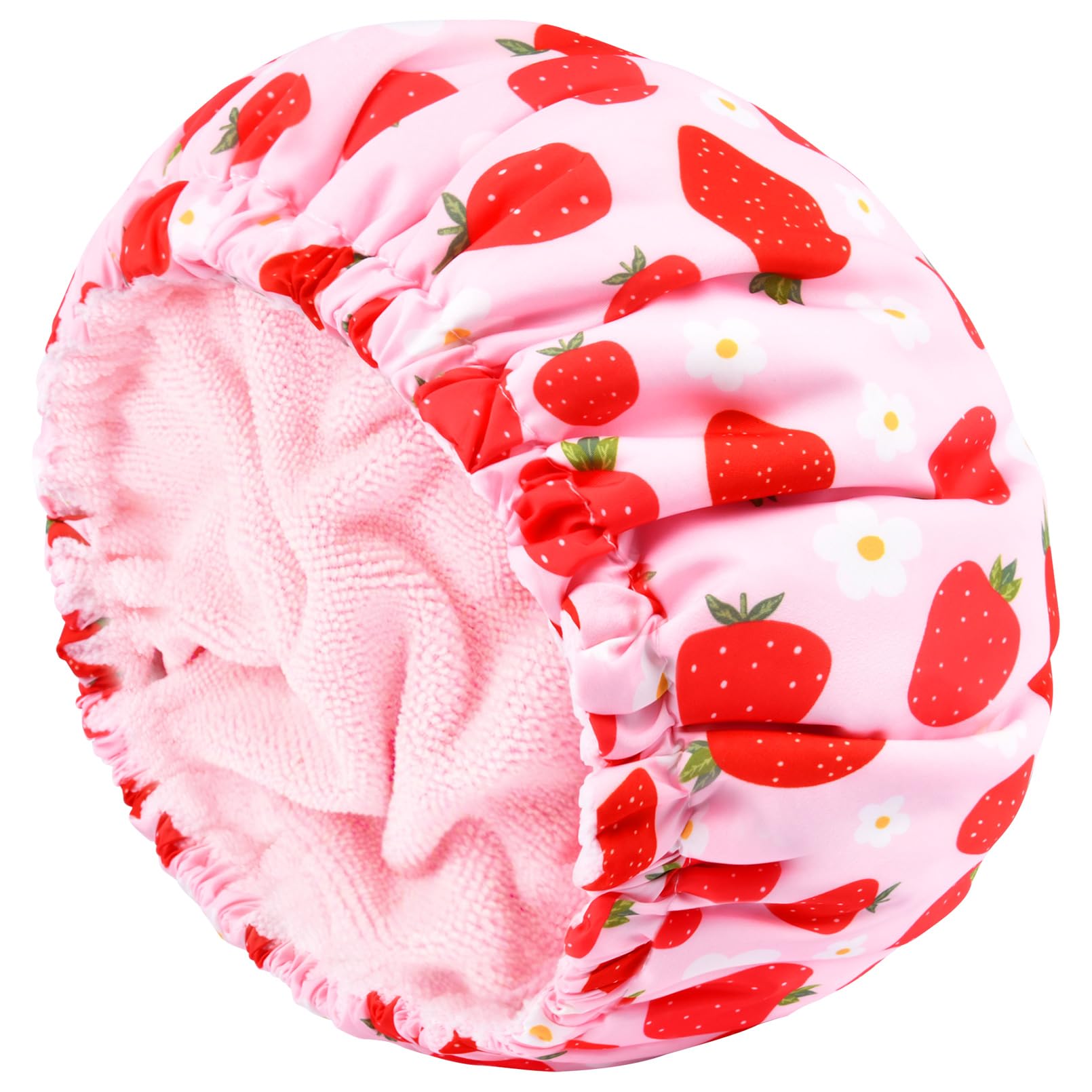 Shower Cap For Women Terry Lined Bath Cap Large Reusable Waterproof Elastic Band Pink Strawberry Shower Caps For Long Thick Hair