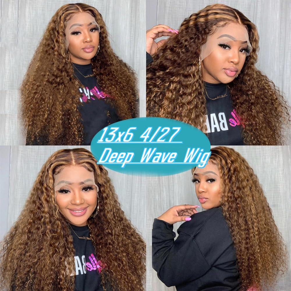 30-Inch Highlight Lace Front Wigs Human Hair 180% Density Deep Curly Ombre Honey Blonde 4/27 13X6 Hd Transparent Lace Front Wig